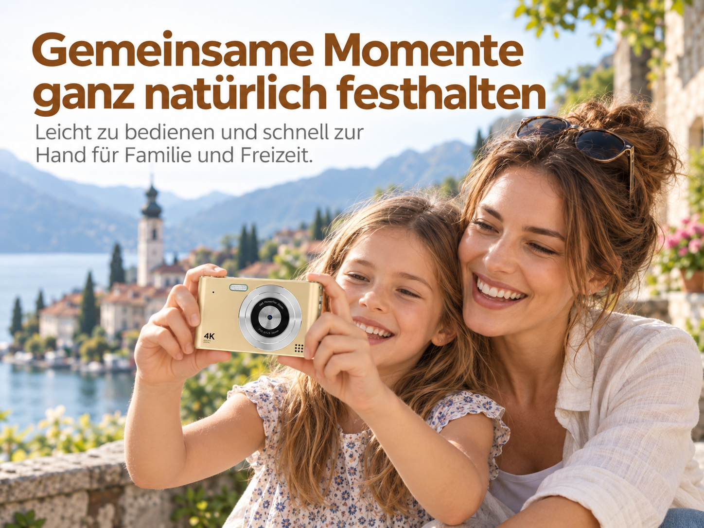 Eine Mutter und Tochter nehmen mit einer goldenen Kamera ein Selfie auf vor einer See-Kulisse.
