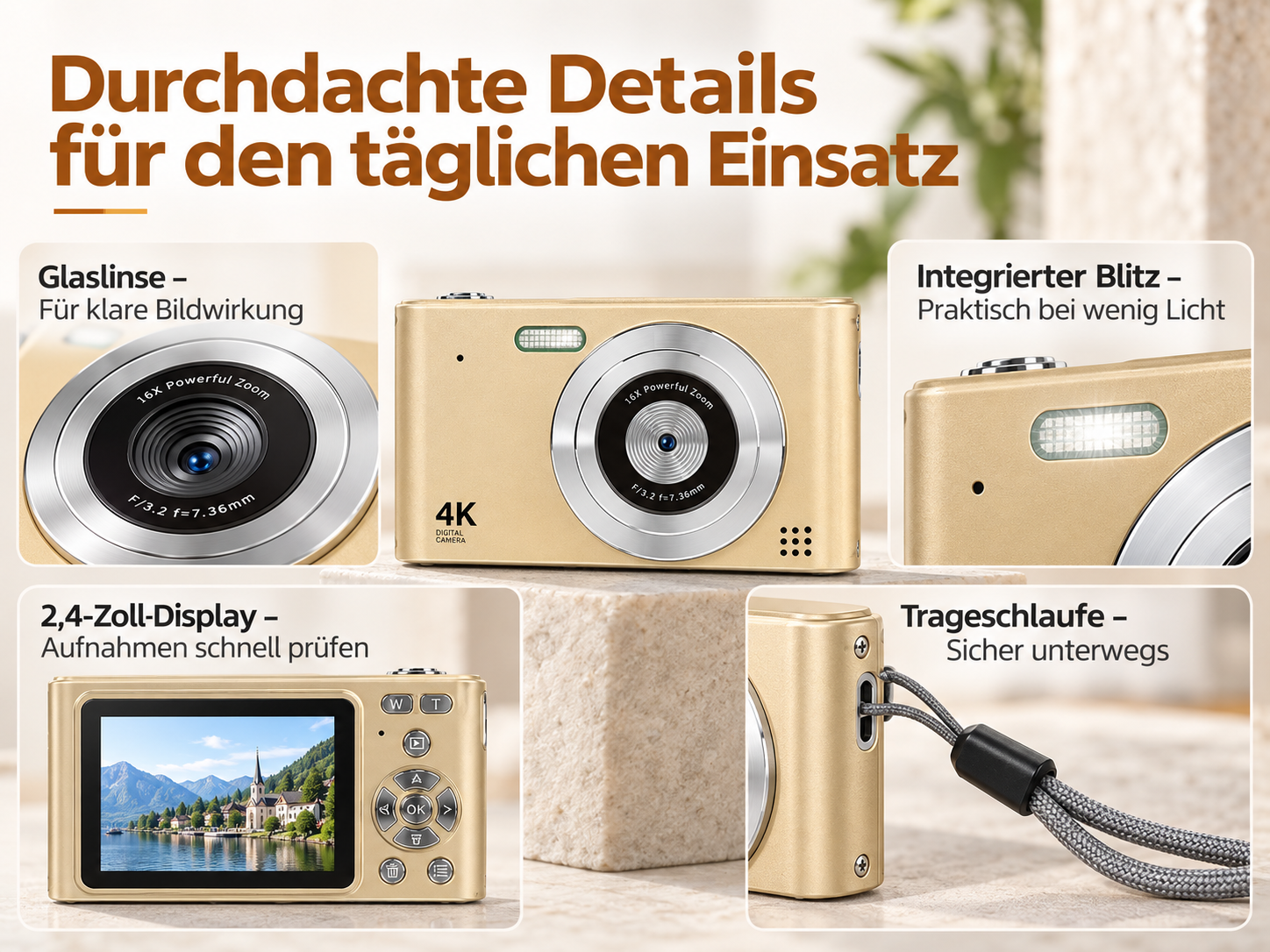 Goldene 4K-Digitalkamera mit Nahaufnahmen der Glaslinse, des integrierten Blitzes, des Displays und der Trageschlaufe.