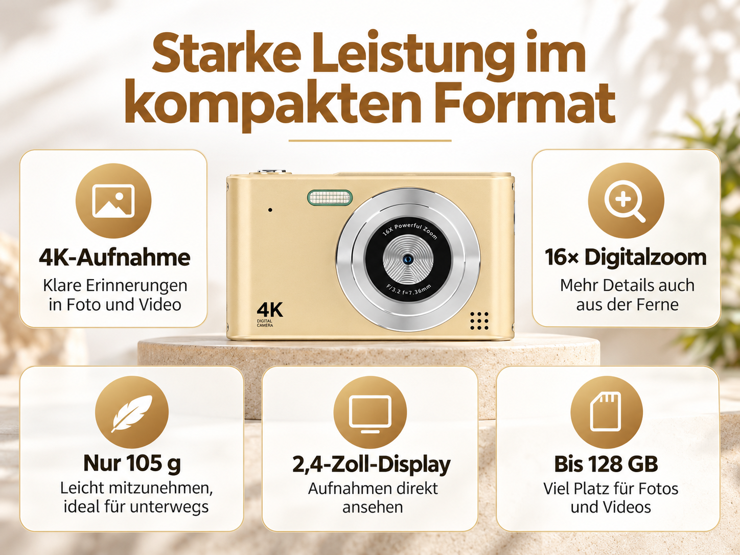 Goldene 4K Digitalkamera-Werbung mit Highlights wie 16-fachem Zoom, leichtem Design und Speicher.