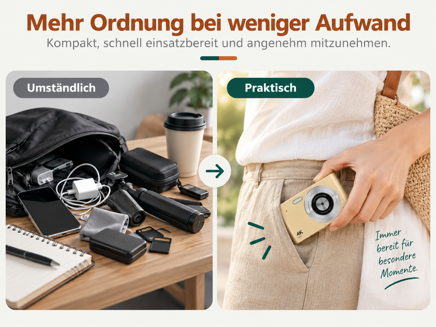 Vergleich von unordentlichem Tisch mit Kamera in Hosentasche.