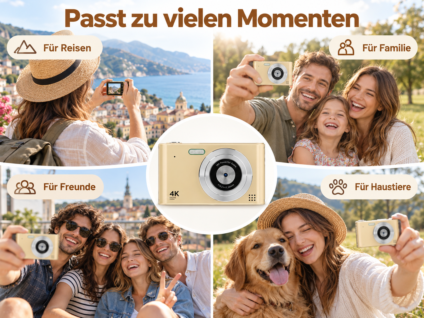 Collage zeigt eine goldene 4K-Kamera in der Mitte und verschiedene Menschen, die sie bei Reisen und Freizeit nutzen.