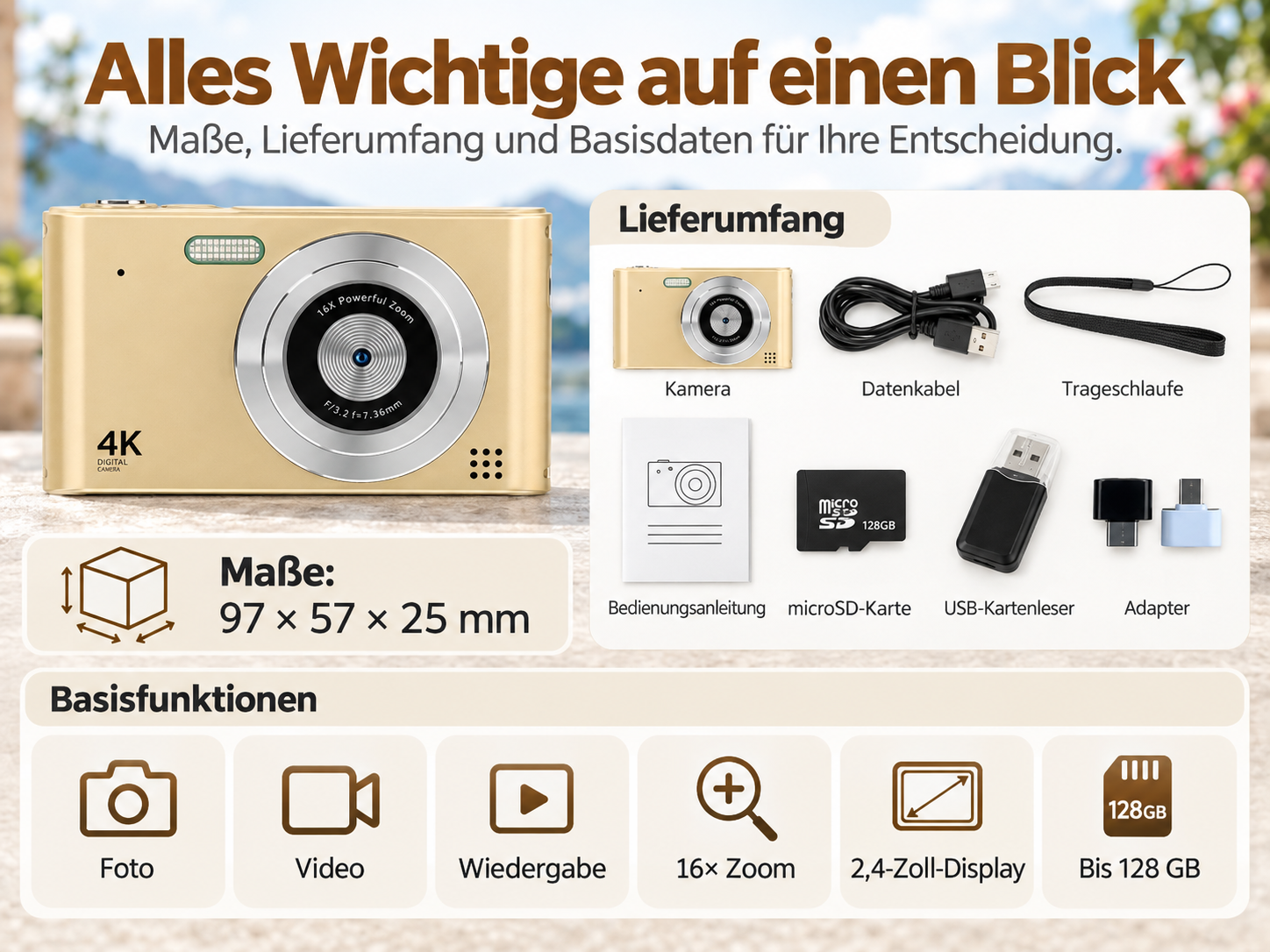 Goldene 4K Digitalkamera mit Zubehör, Abmessungen und Basisfunktionen wie Foto, Video, Zoom und Display.