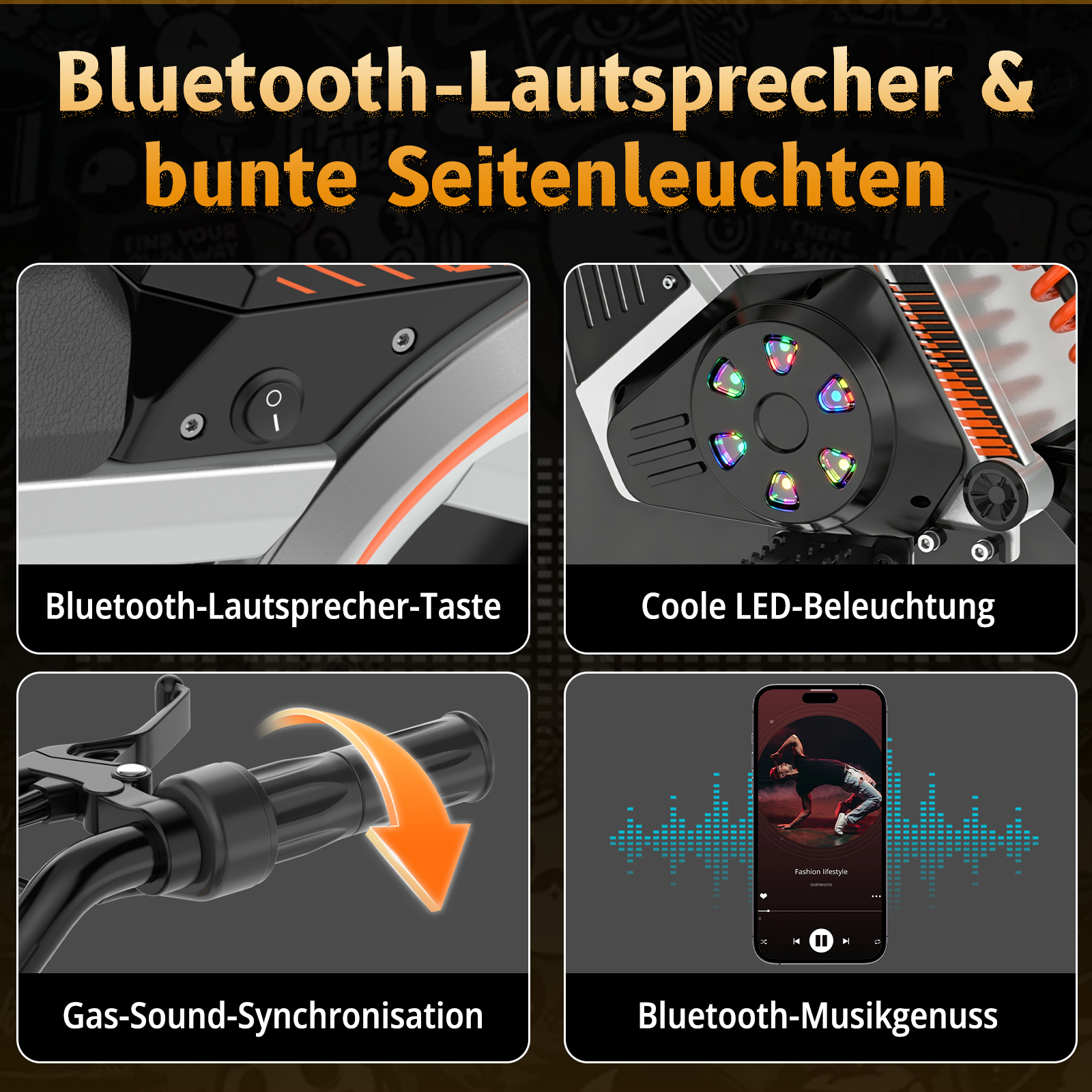 Ein Plakat zeigt Bluetooth-Lautsprecher, LED-Beleuchtung, Gas-Sound-Synchronisation und Musikwiedergabe.