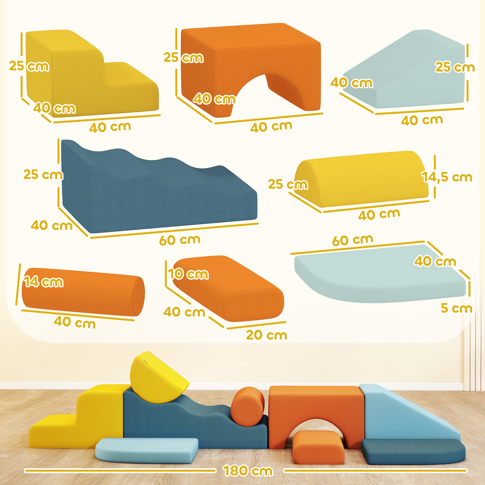 Bloques de espuma para jugar de varias formas, colores y dimensiones mostrados con medidas sobre un fondo blanco y de madera.