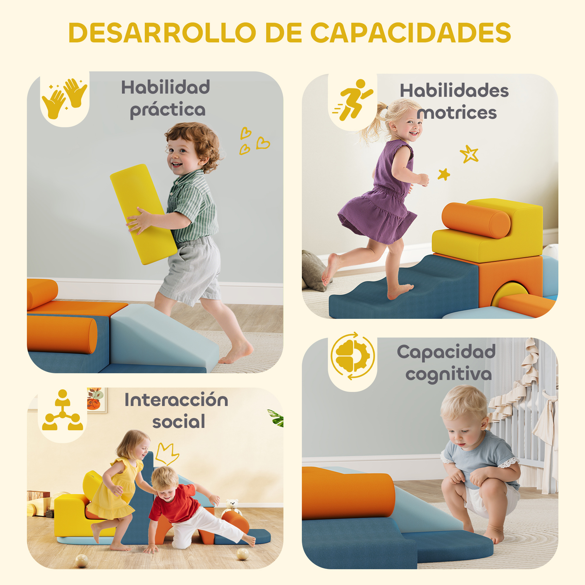 Infografía que muestra a niños usando bloques de juego blandos para desarrollar habilidades.