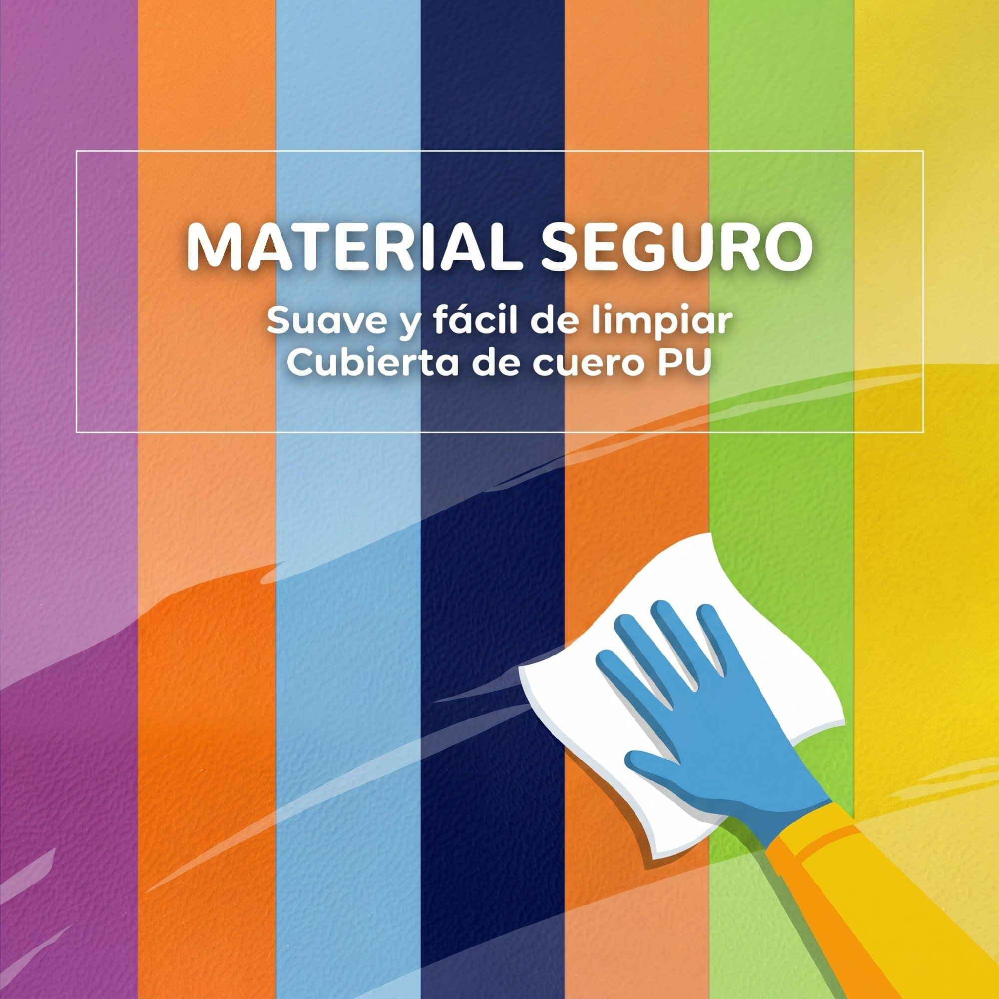 Una mano con guante azul limpia una superficie colorida con un paño y texto.