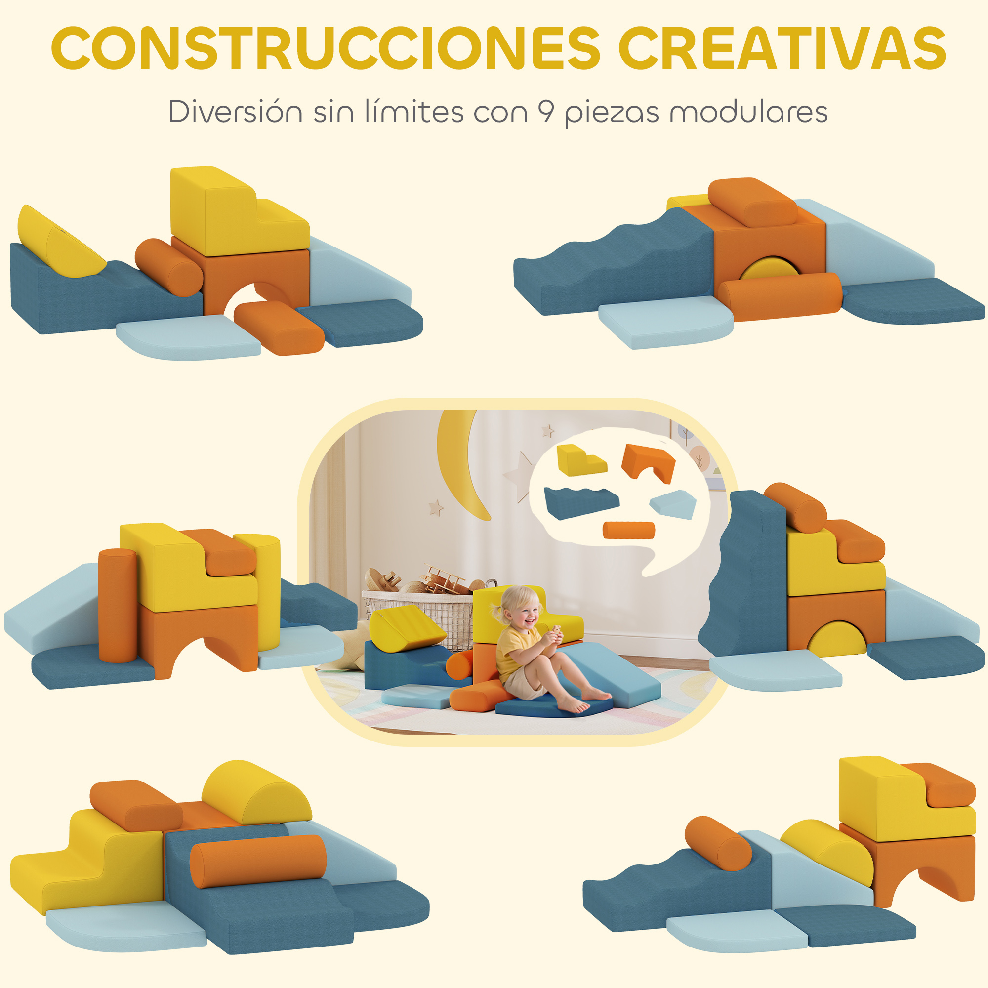 Bloques de espuma modulares en varias formas y colores, con un niño sonriente jugando en el centro.