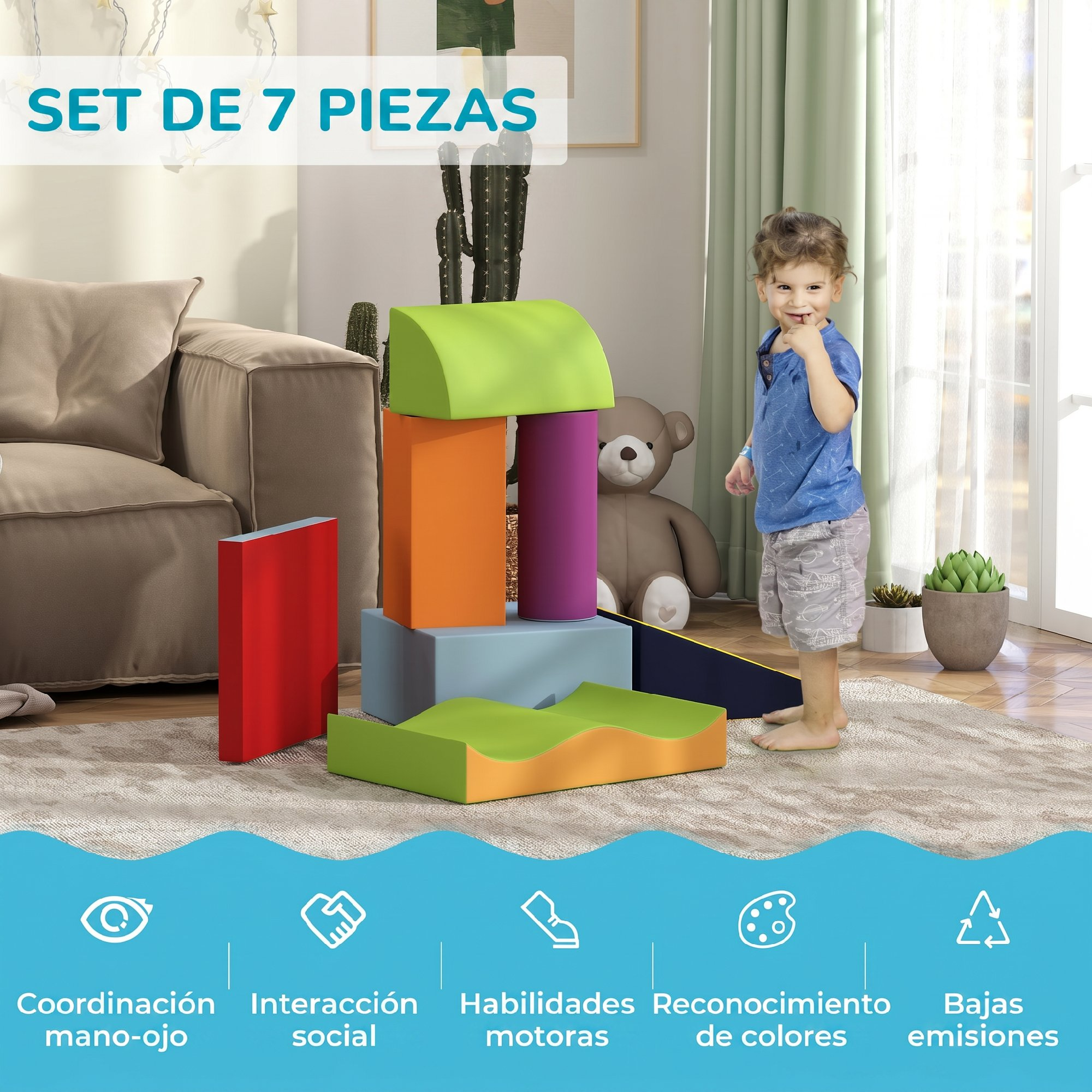 Un niño pequeño está de pie junto a bloques de espuma coloridos en una sala.