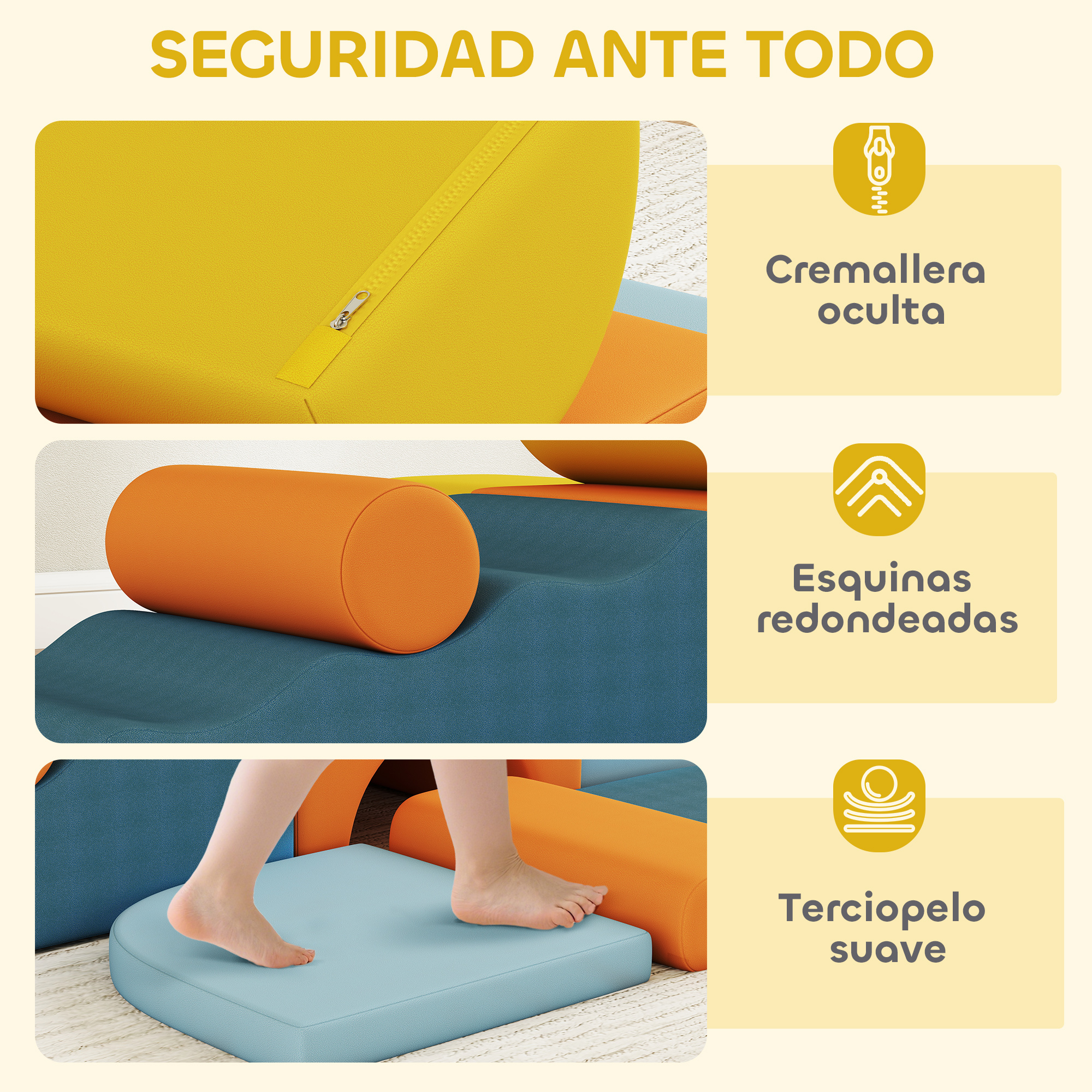 Características de seguridad de bloques de espuma infantiles con cremallera oculta, esquinas redondeadas y terciopelo suave.