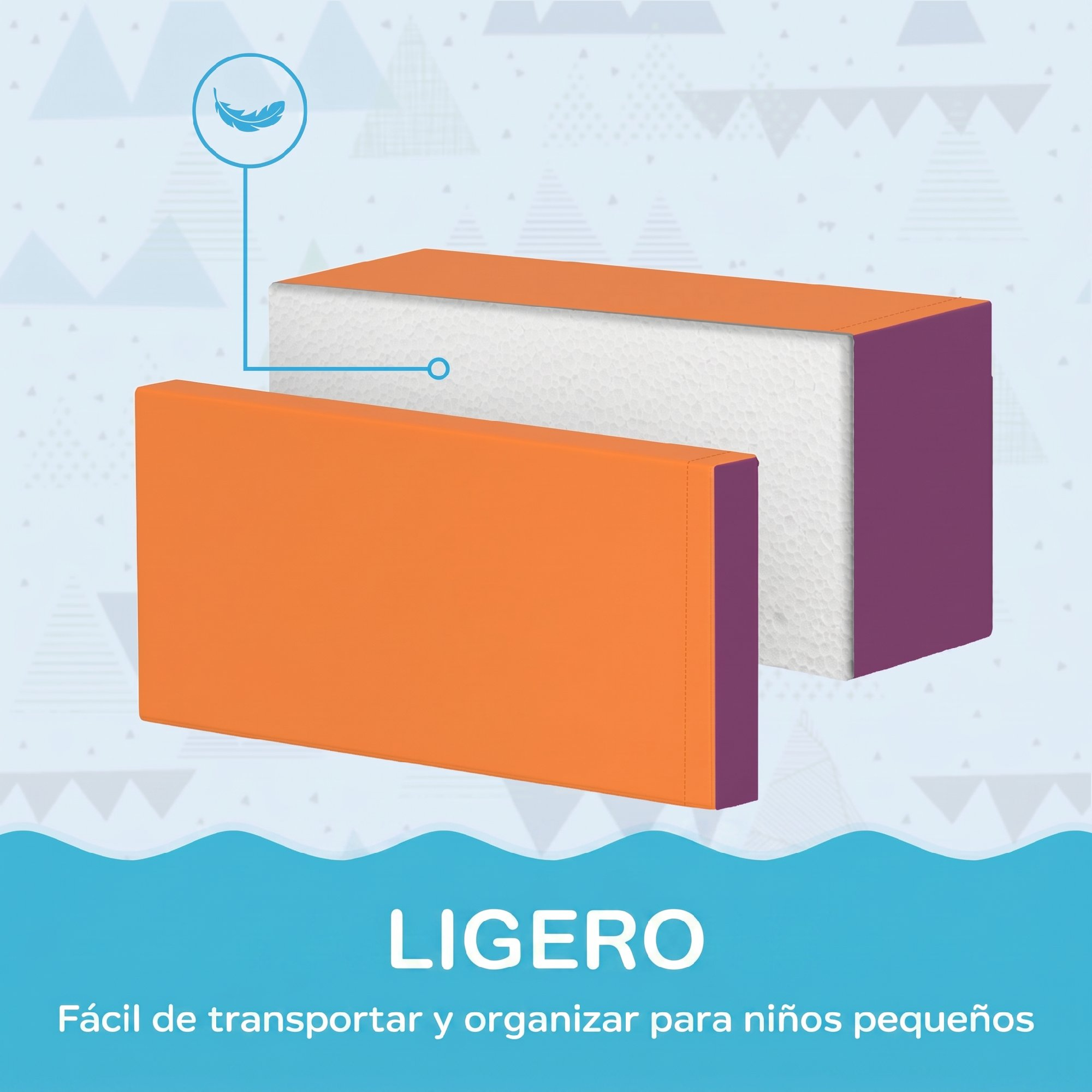 Bloque de espuma ligero con funda naranja sobre fondo blanco con montañas azules.