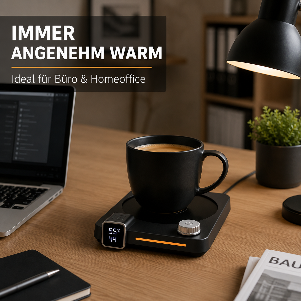 Schwarze Kaffeetasse auf elektrischem Untersetzer auf Holztisch mit Laptop.