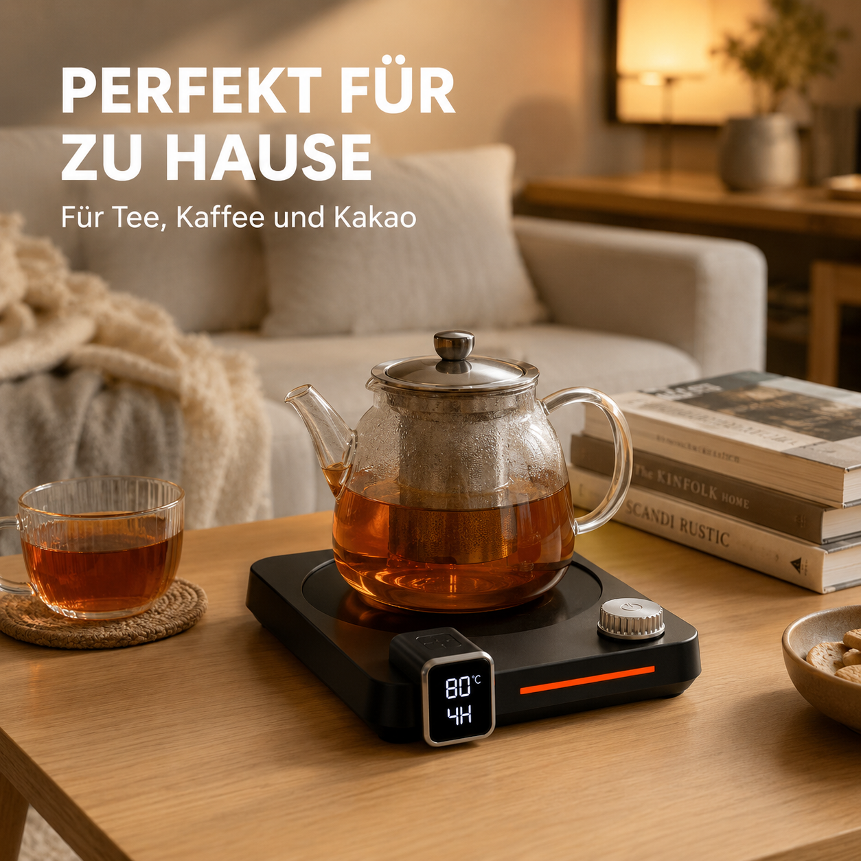 Eine Glasteekanne mit Tee steht auf einer Warmhalteplatte auf einem Holztisch in einem gemütlichen Wohnzimmer.