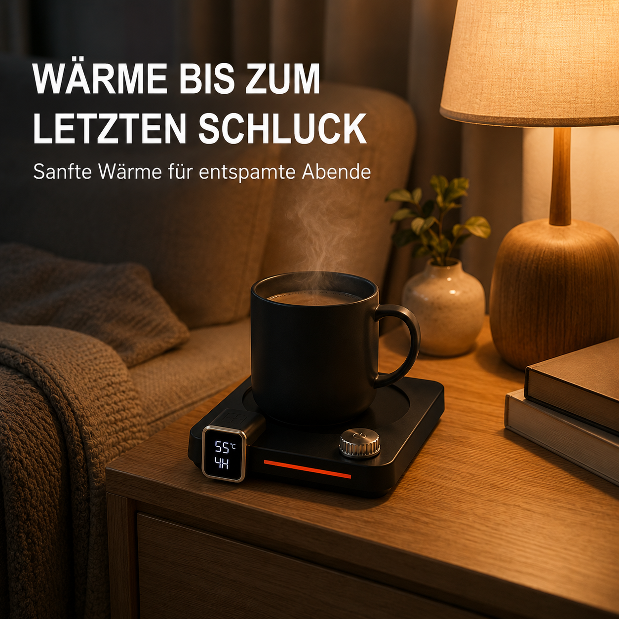 Ein schwarzer Becher mit dampfender Flüssigkeit steht auf einem Tassenwärmer auf einem Nachttisch.
