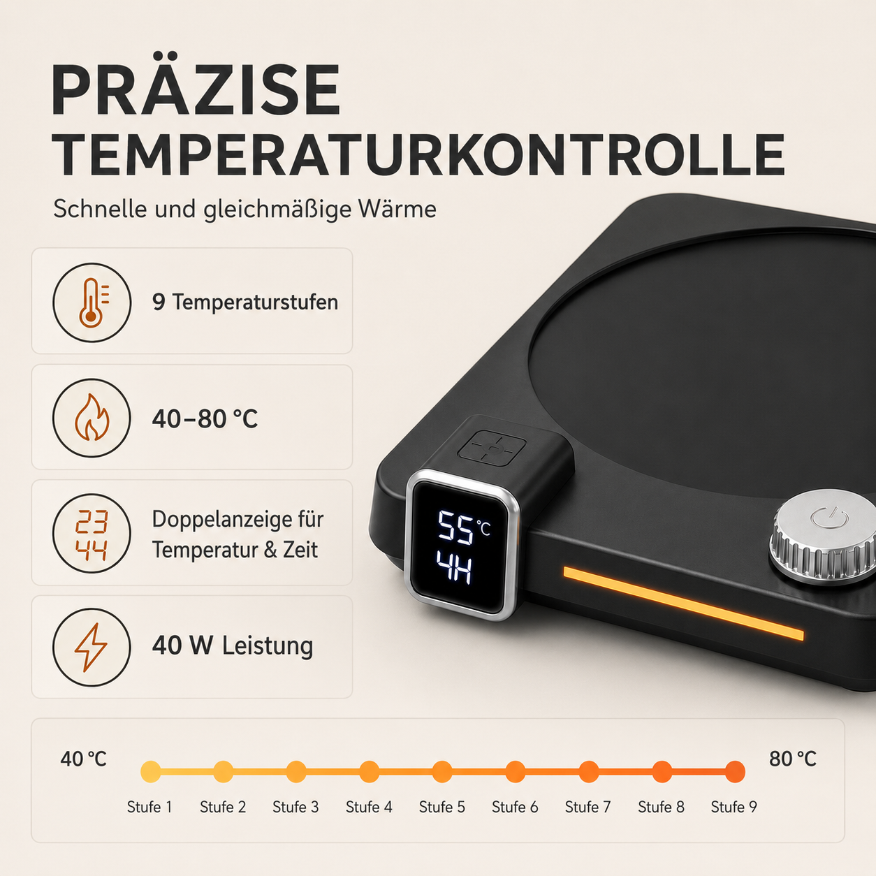 Eine schwarze Wärmteplatte mit Digitaldisplay und deutschen Funktionsbeschreibungen.