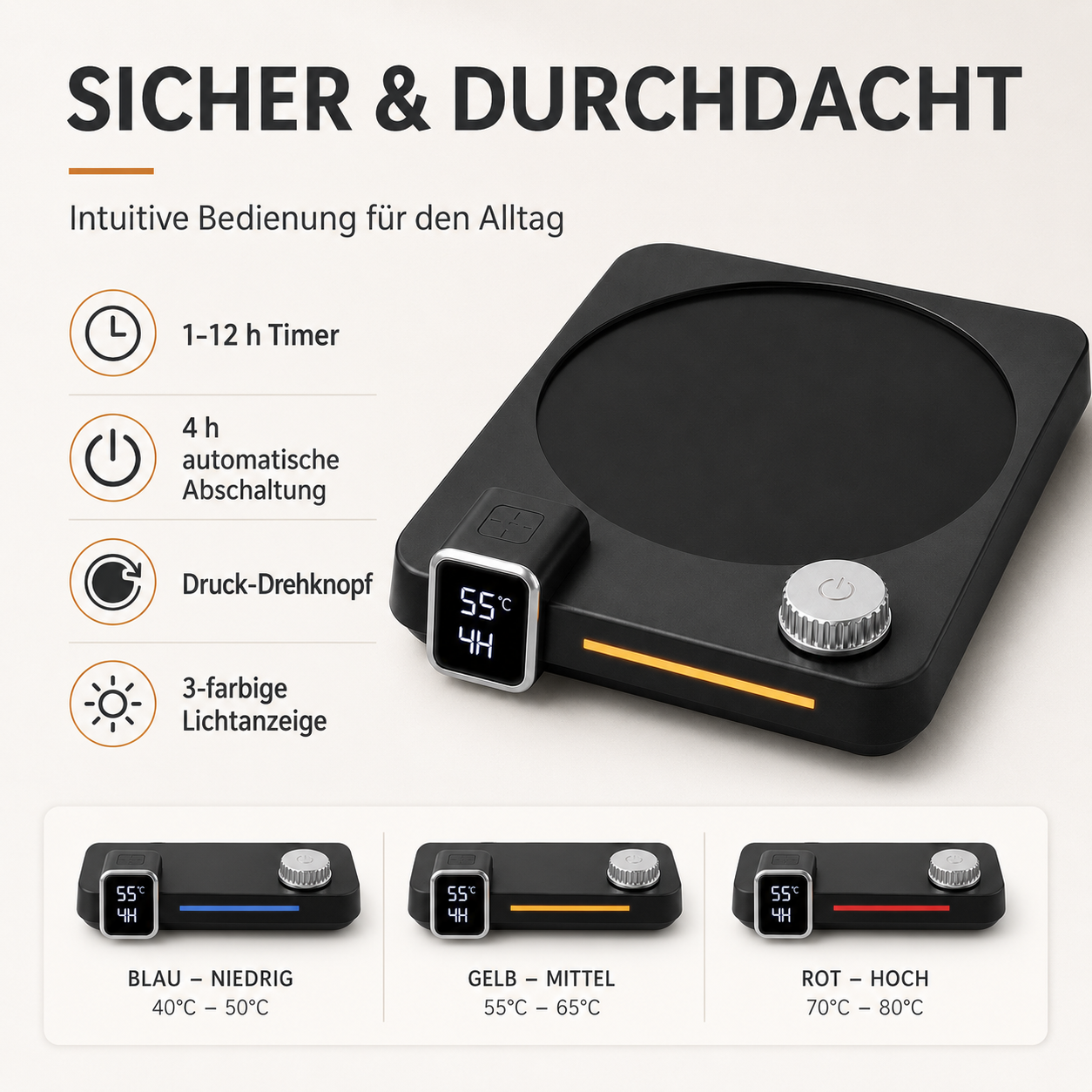 Ein schwarzer Tassenwärmer mit silbernem Drehregler, Digitalbildschirm sowie Symbolen für Funktionen und Farbtemperaturen.