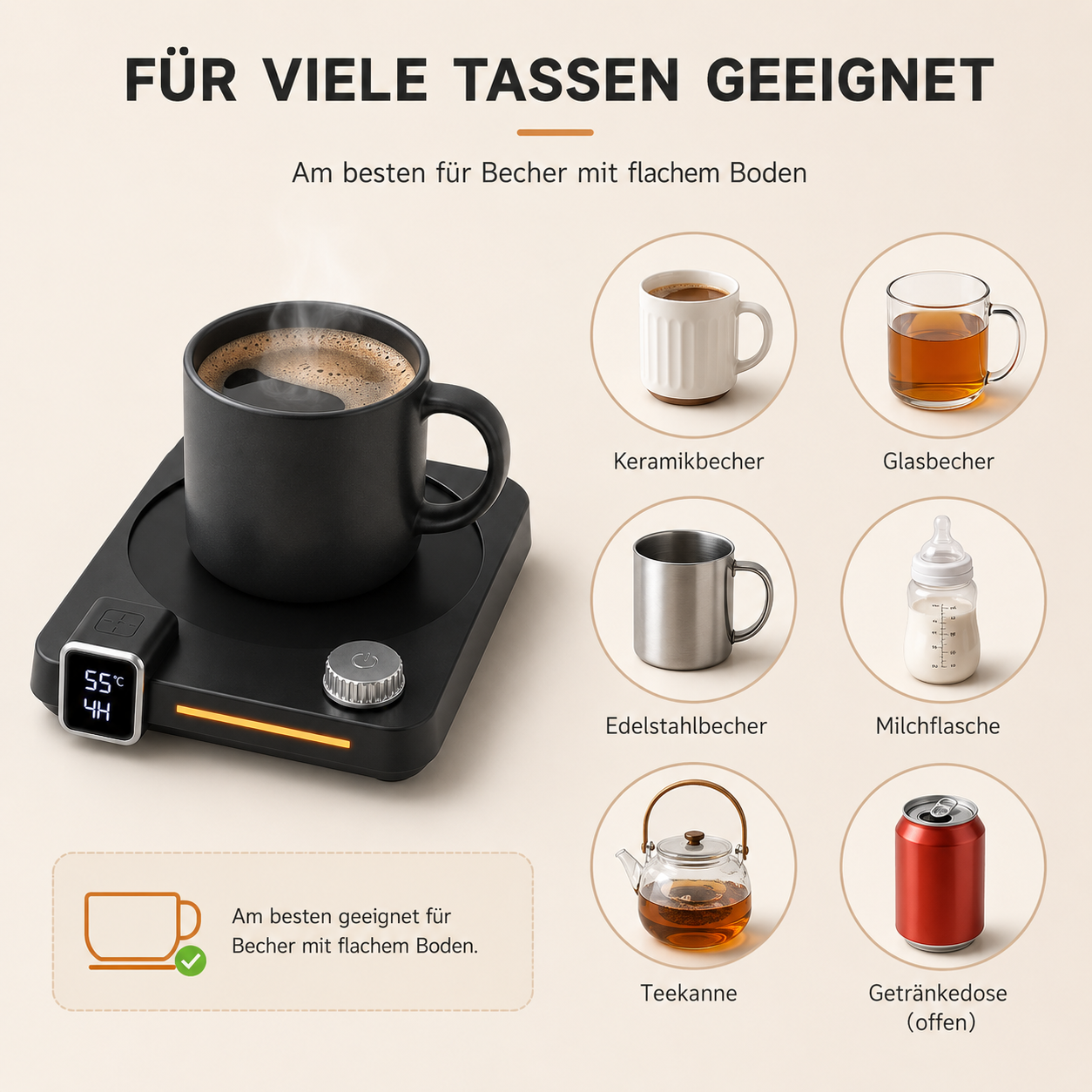Schwarzer Tassenwärmer mit Tasse und Beispielen verschiedener geeigneter Gefäße wie Becher, Flaschen und Dosen.