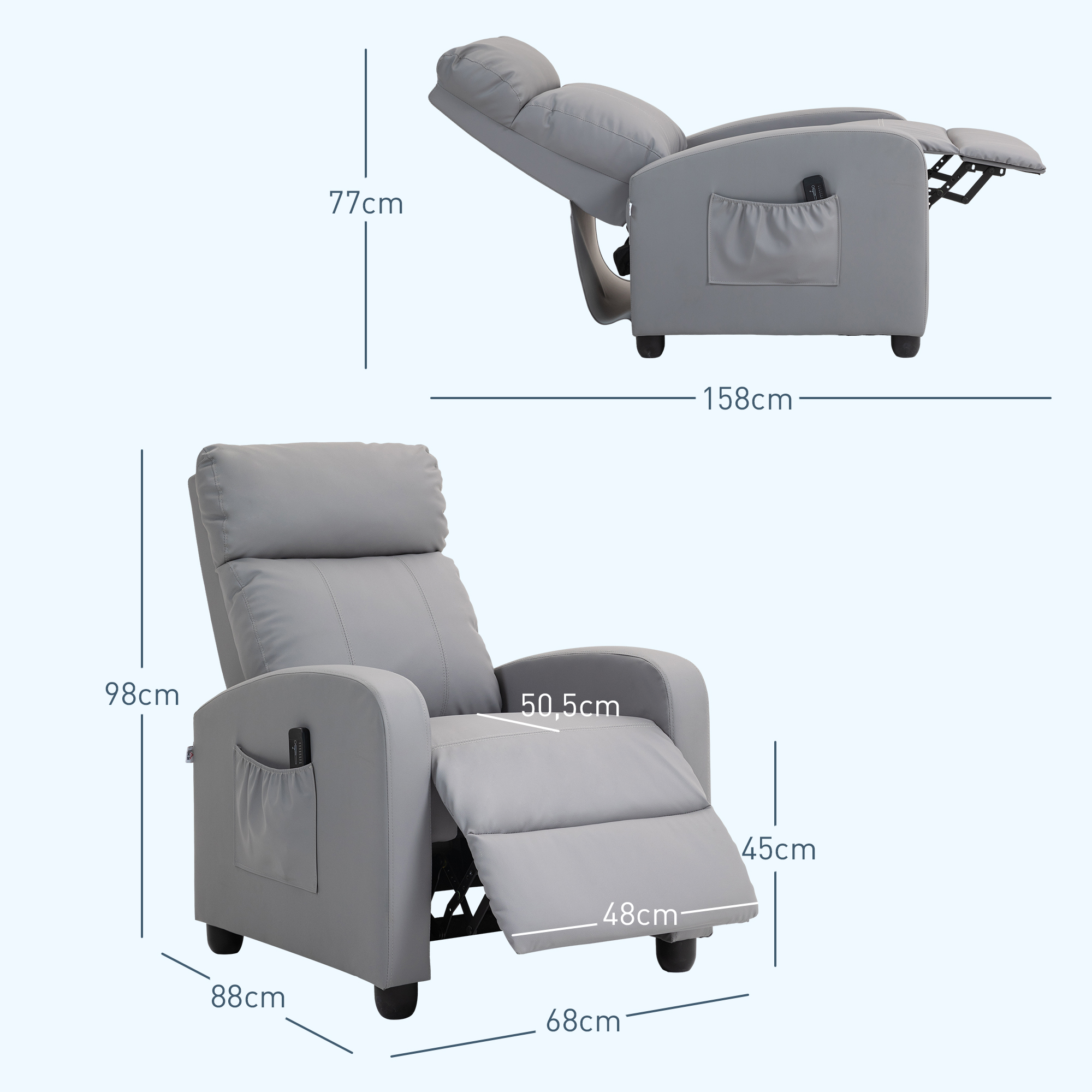 Sillón reclinable de cuero gris con dimensiones mostradas en dos ángulos.