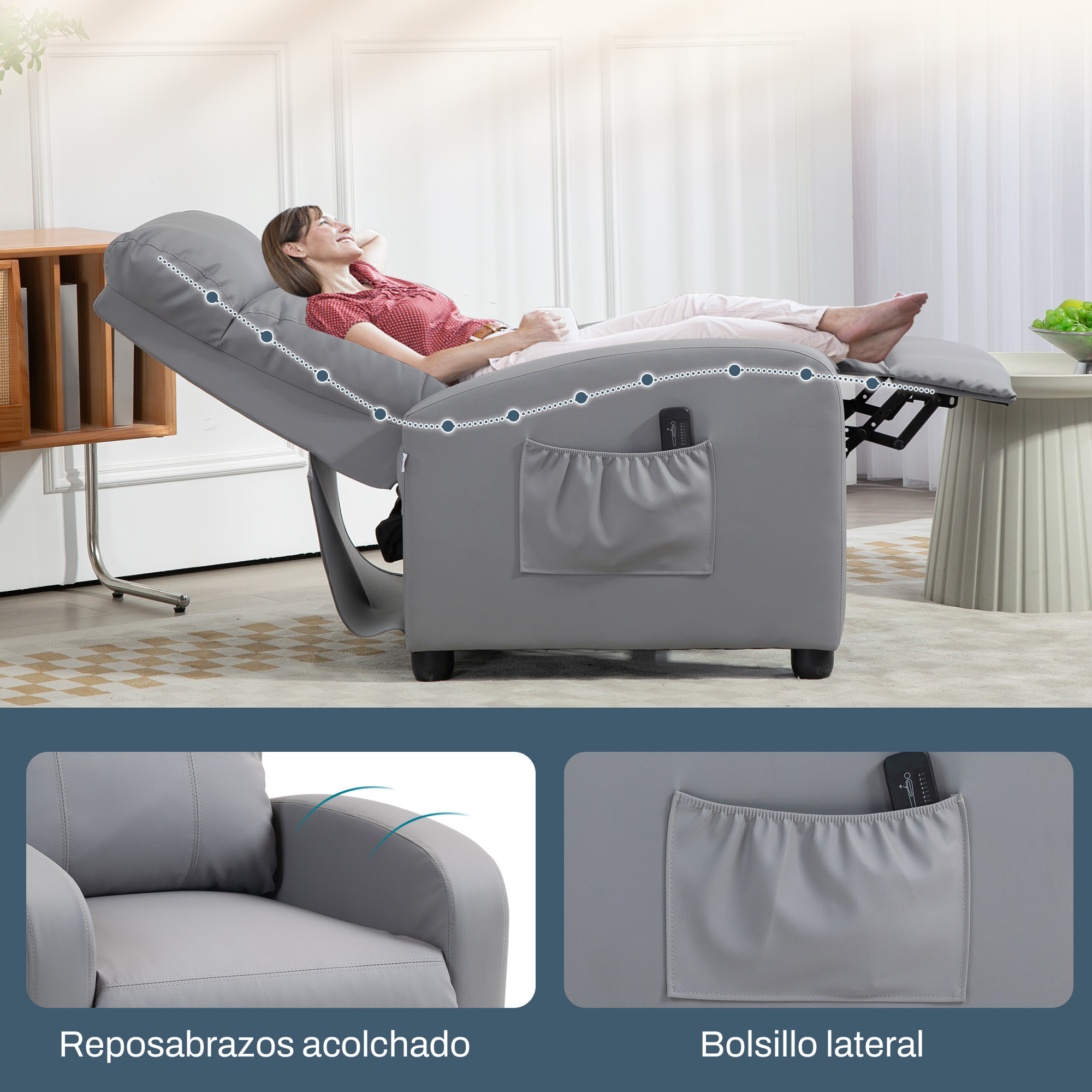 Una mujer se relaja en un sillón reclinable gris con reposapiés, bolsillo lateral y mando.