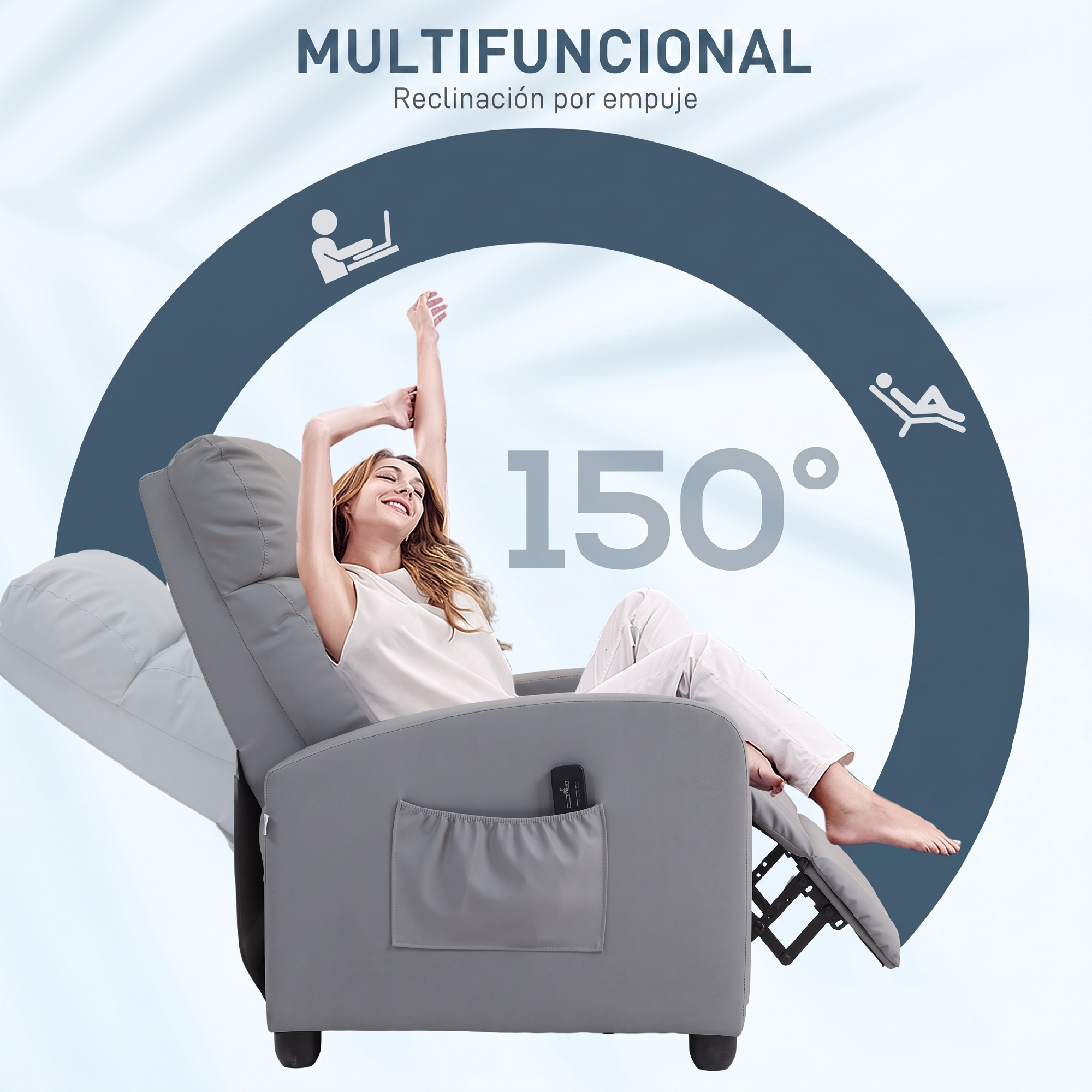 Una mujer se relaja en un sillón gris que se reclina hasta 150 grados.
