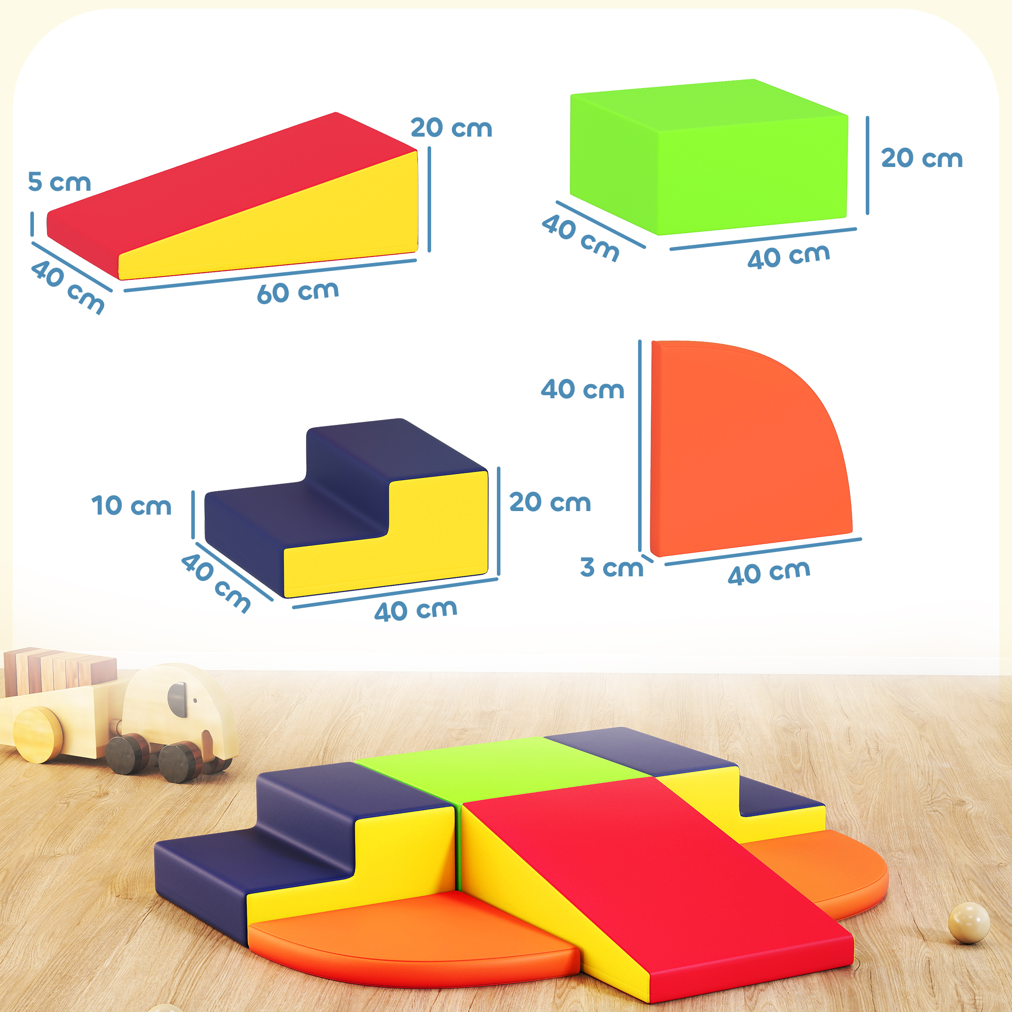 Bloques de espuma de juego coloridos en varias formas y medidas, dispuestos sobre un suelo de madera.