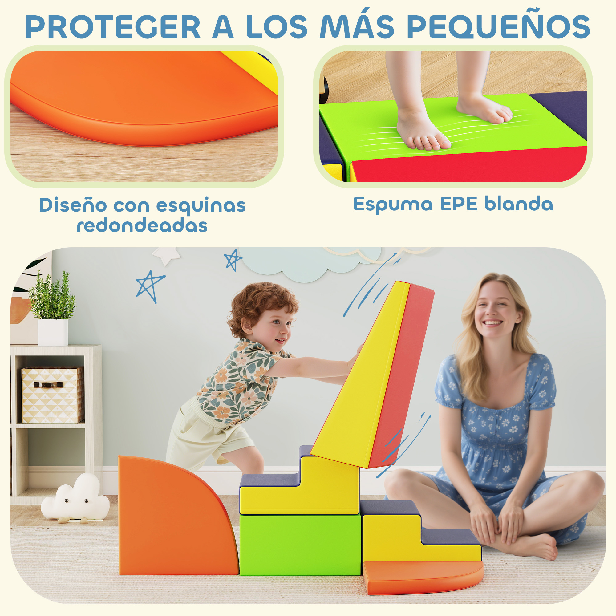 Un niño pequeño empuja un bloque de espuma suave mientras una mujer sonríe.