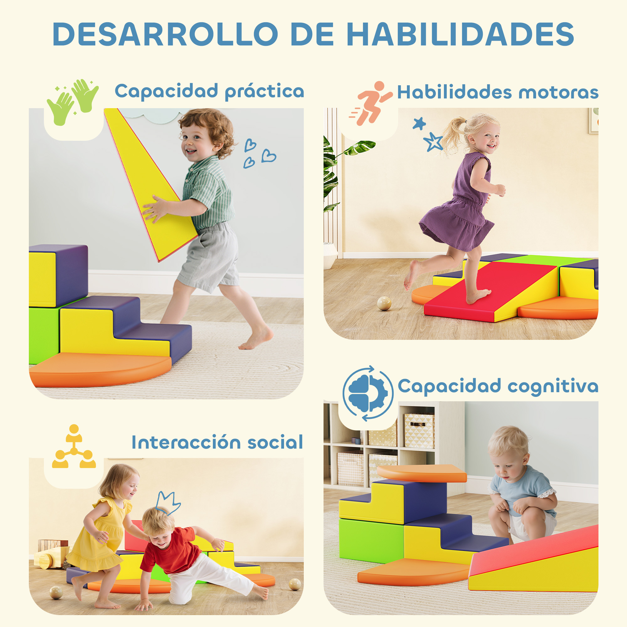 Niños jugando con bloques de espuma coloridos, mostrando habilidades motoras y cognitivas.