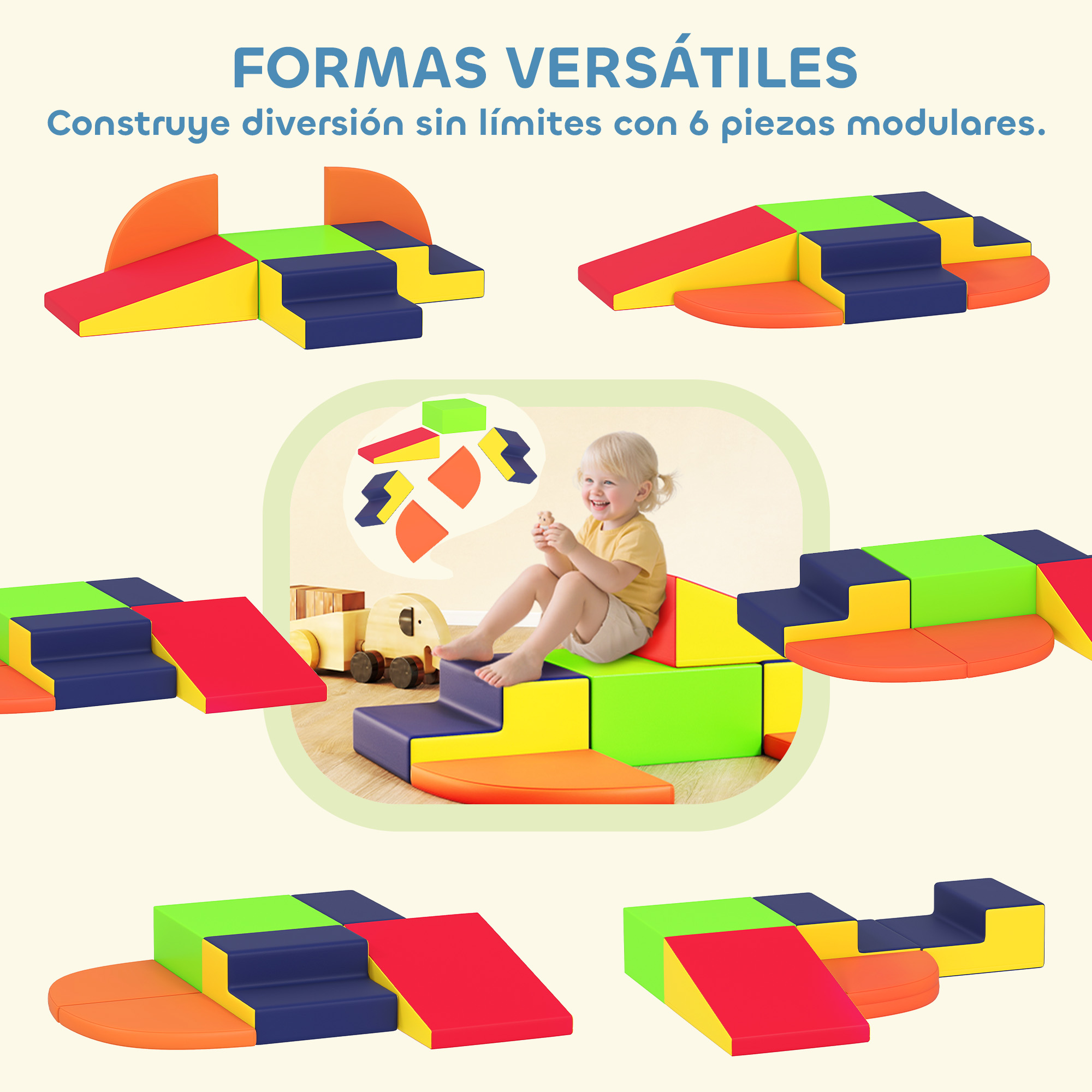 Bloques de espuma modulares coloridos y un niño sonriente jugando.
