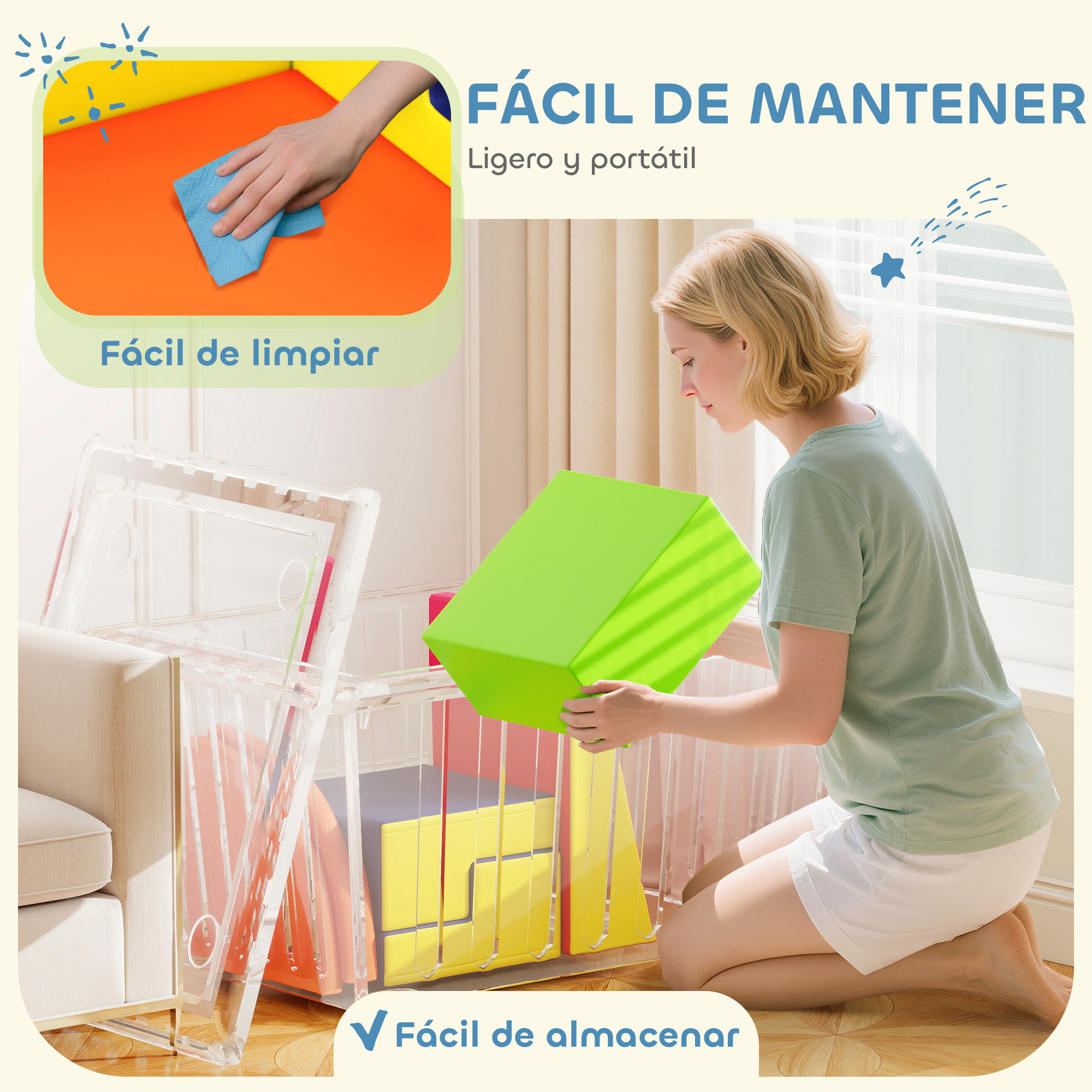 Una mujer se arrodilla guardando un bloque verde en un contenedor transparente, y otro inserto muestra una superficie limpia.