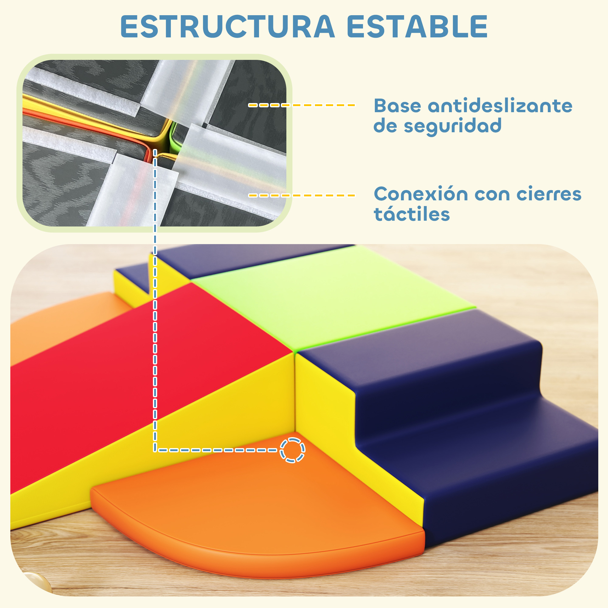 Bloques de juego suaves en colores brillantes con base antideslizante y velcro.