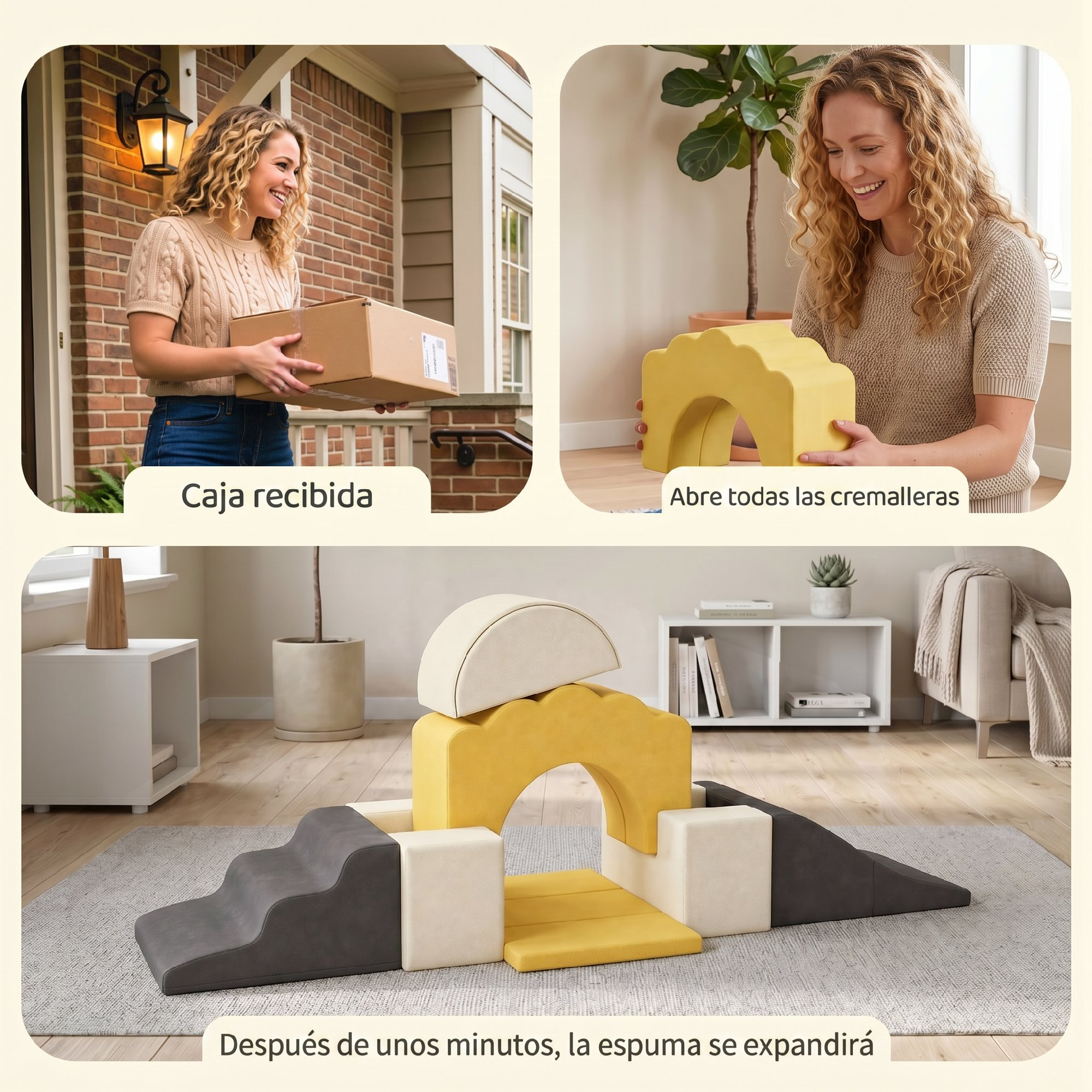 Una mujer sostiene un paquete, desempaca bloques de espuma y arma un castillo de juegos.