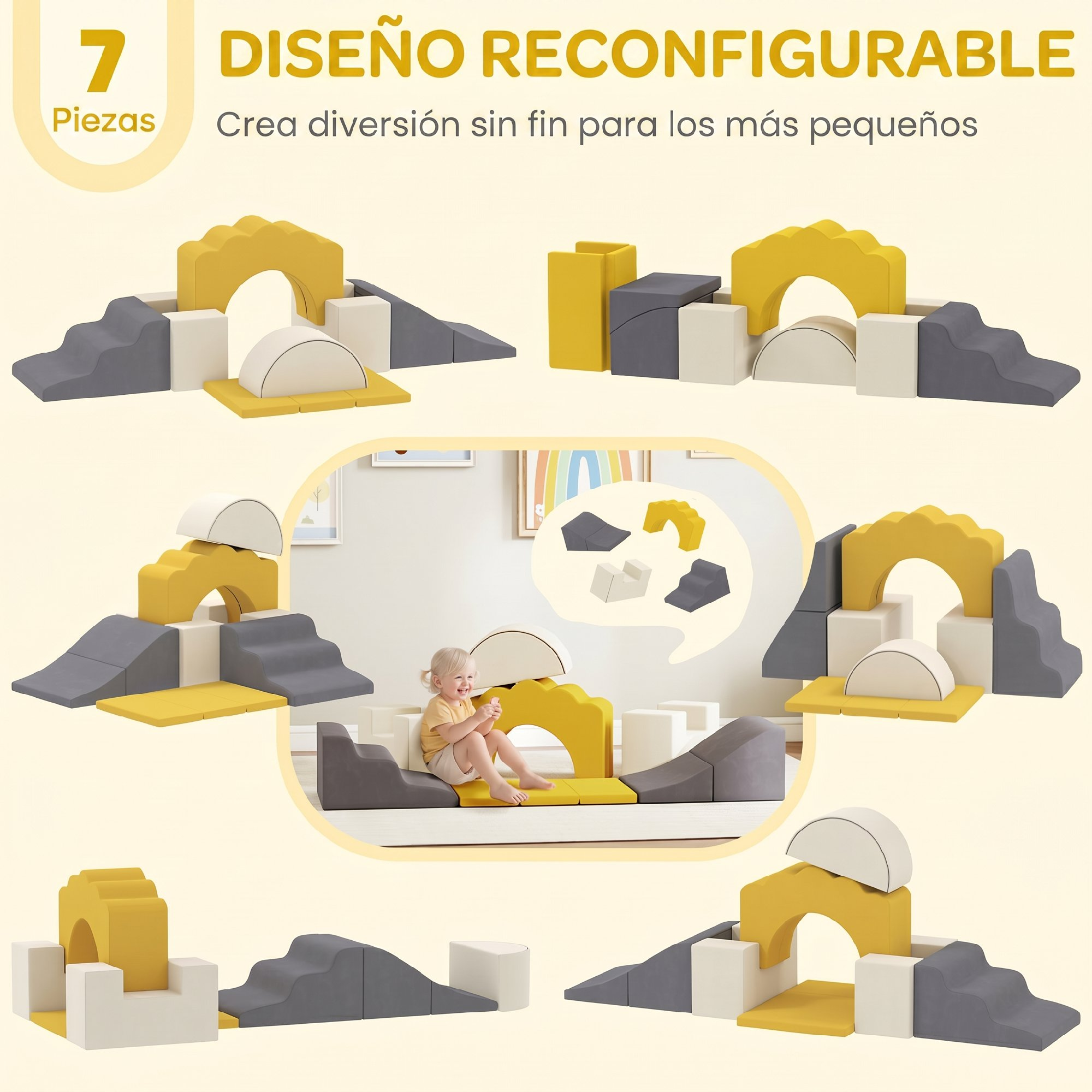 Un juego de 7 bloques de espuma grises, amarillos y blancos para niños, mostrados en varias configuraciones.