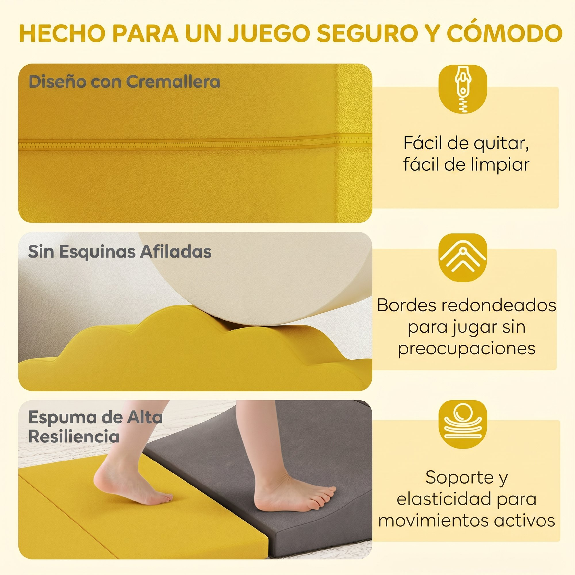 Características: cremallera, bordes redondeados y espuma de alta elasticidad para juego seguro.