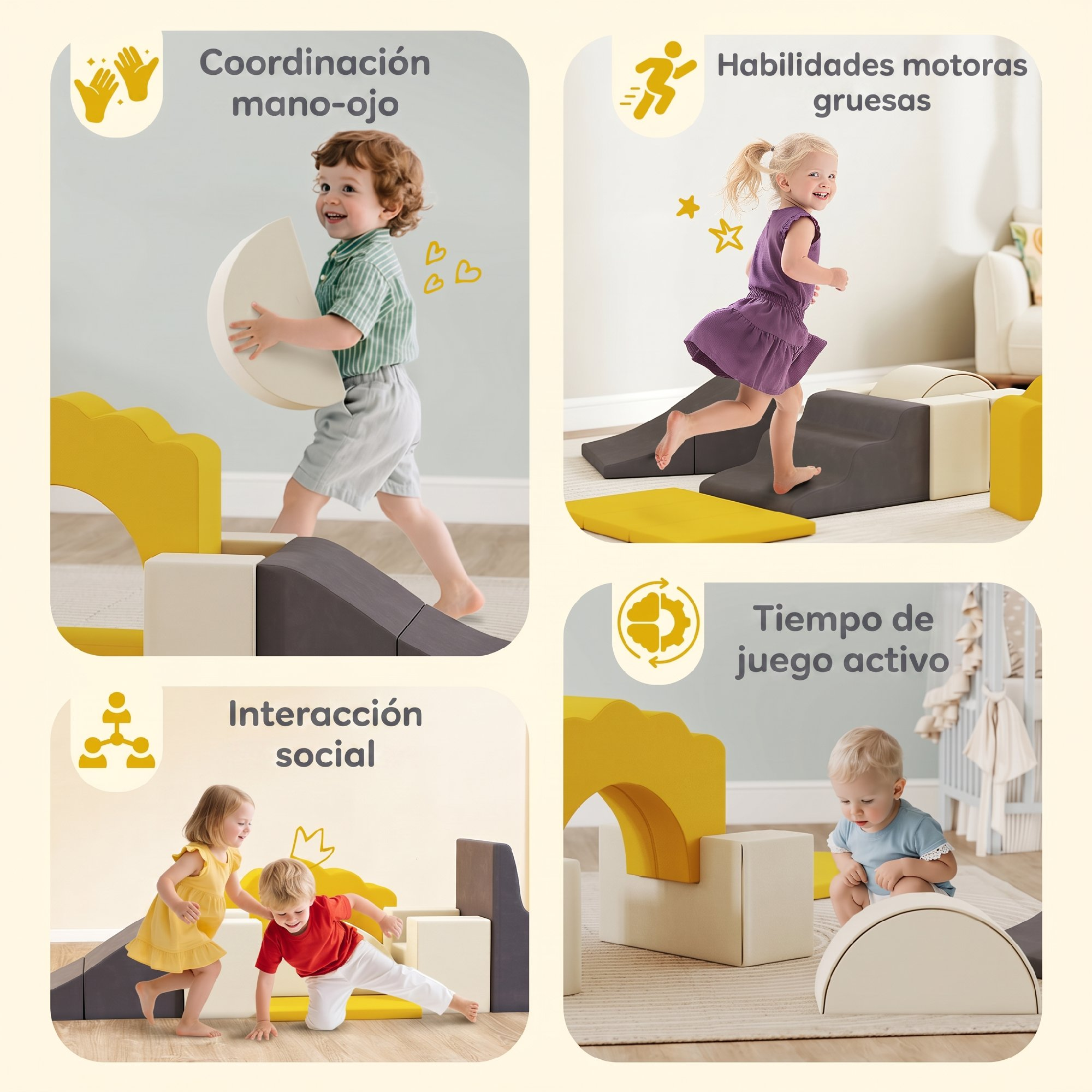 Cuatro paneles muestran a niños pequeños jugando con bloques de espuma, desarrollando habilidades motoras.