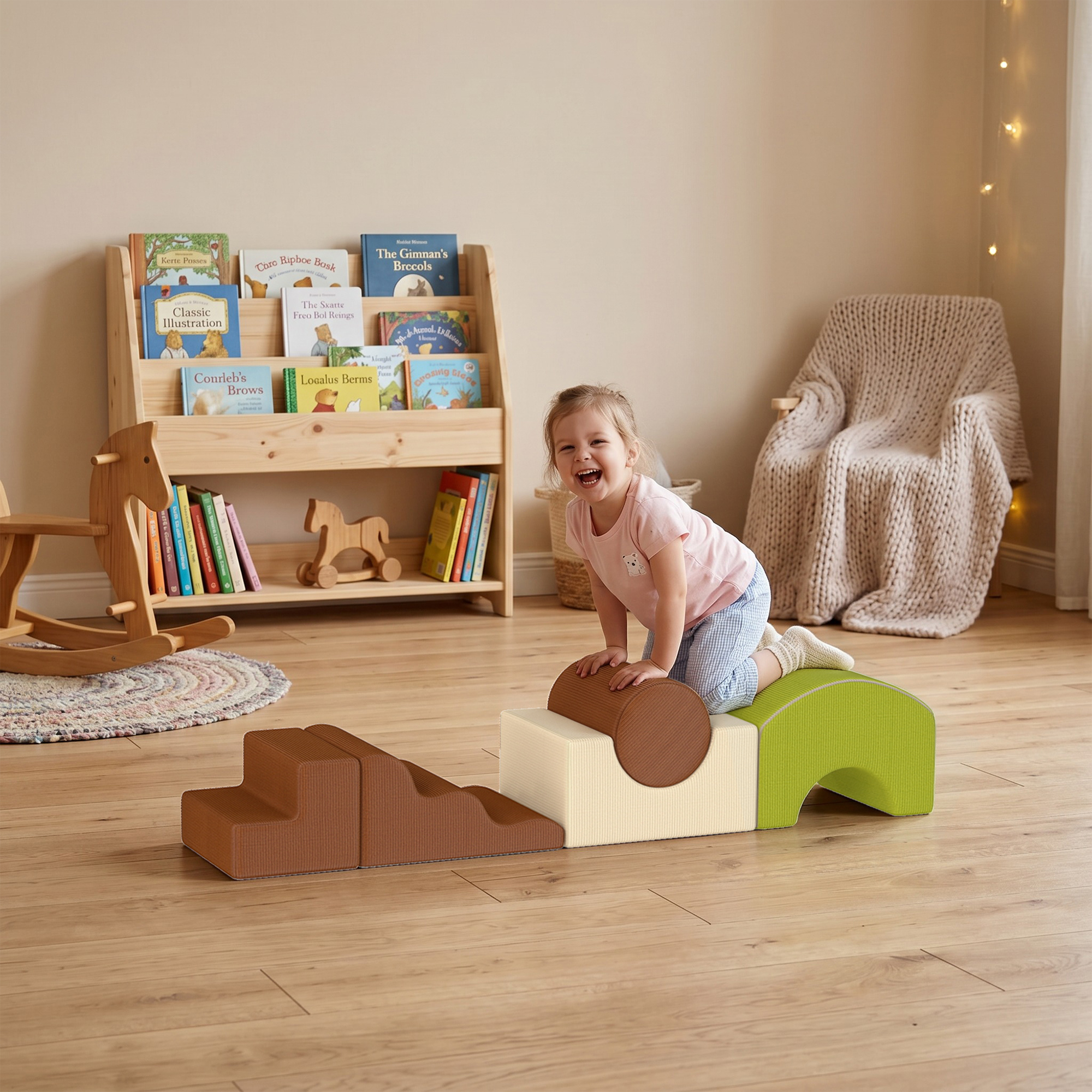 Un niño pequeño sonriente juega en bloques de espuma en una sala de juegos con estantería y caballo de madera.