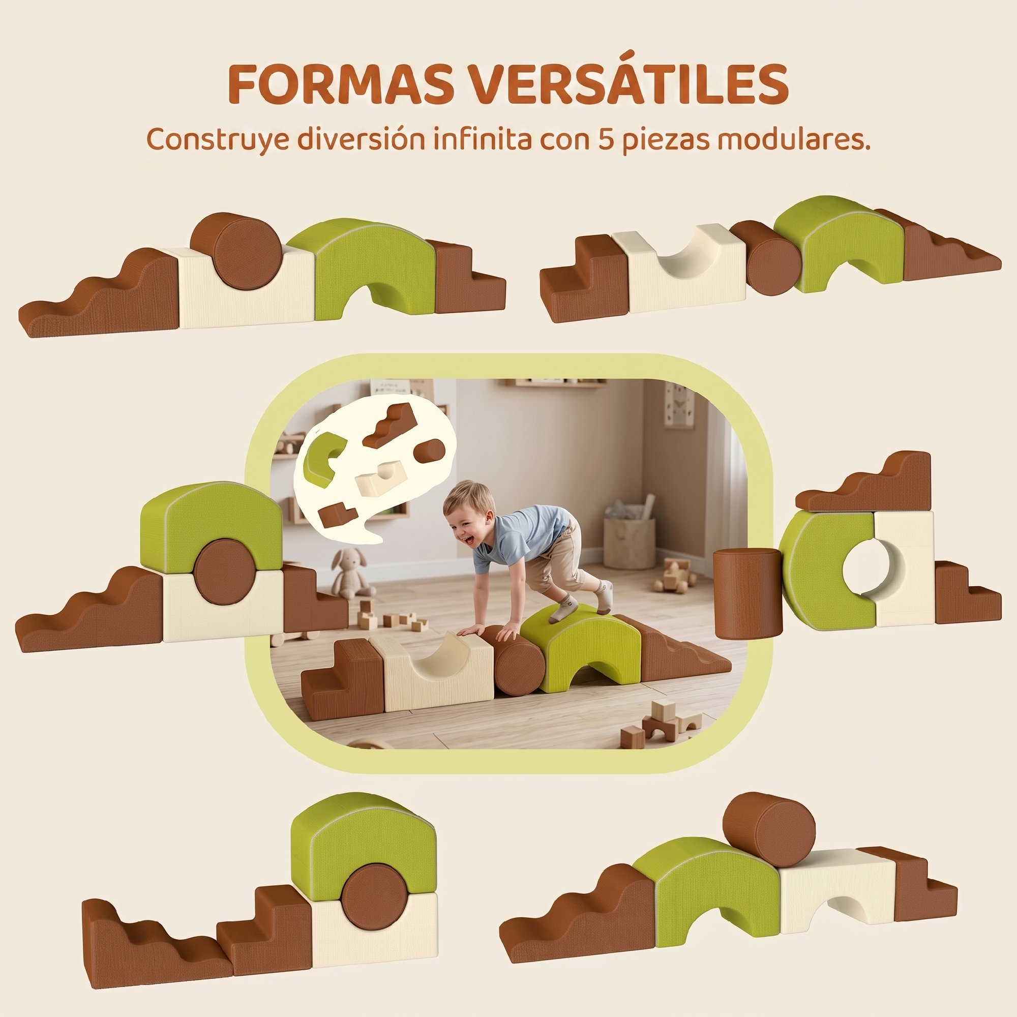 Un niño pequeño juega felizmente en varias formas de espuma modulares en una sala.