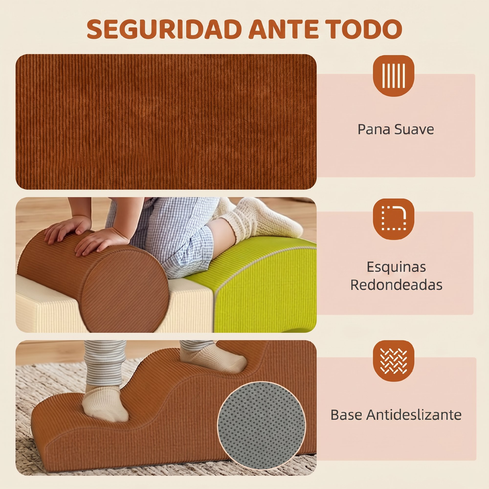 Caracteristicas de seguridad de bloques de espuma infantiles con tela de pana suave, esquinas redondeadas y base antideslizante.