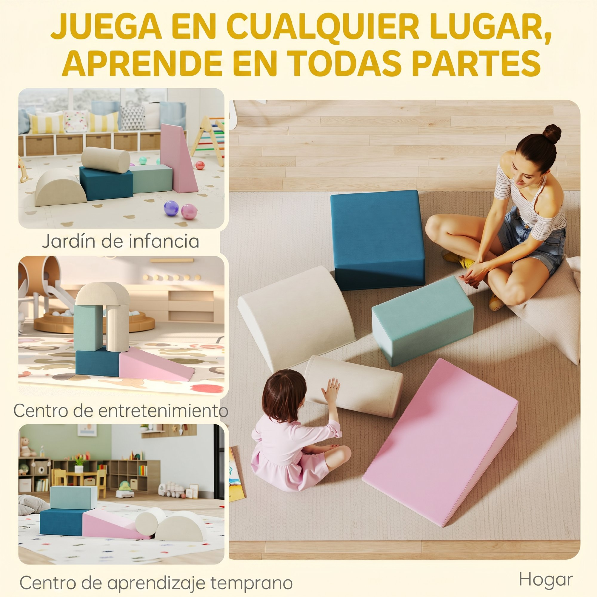 Una mujer y un niño juegan con bloques de espuma para trepar en una sala.