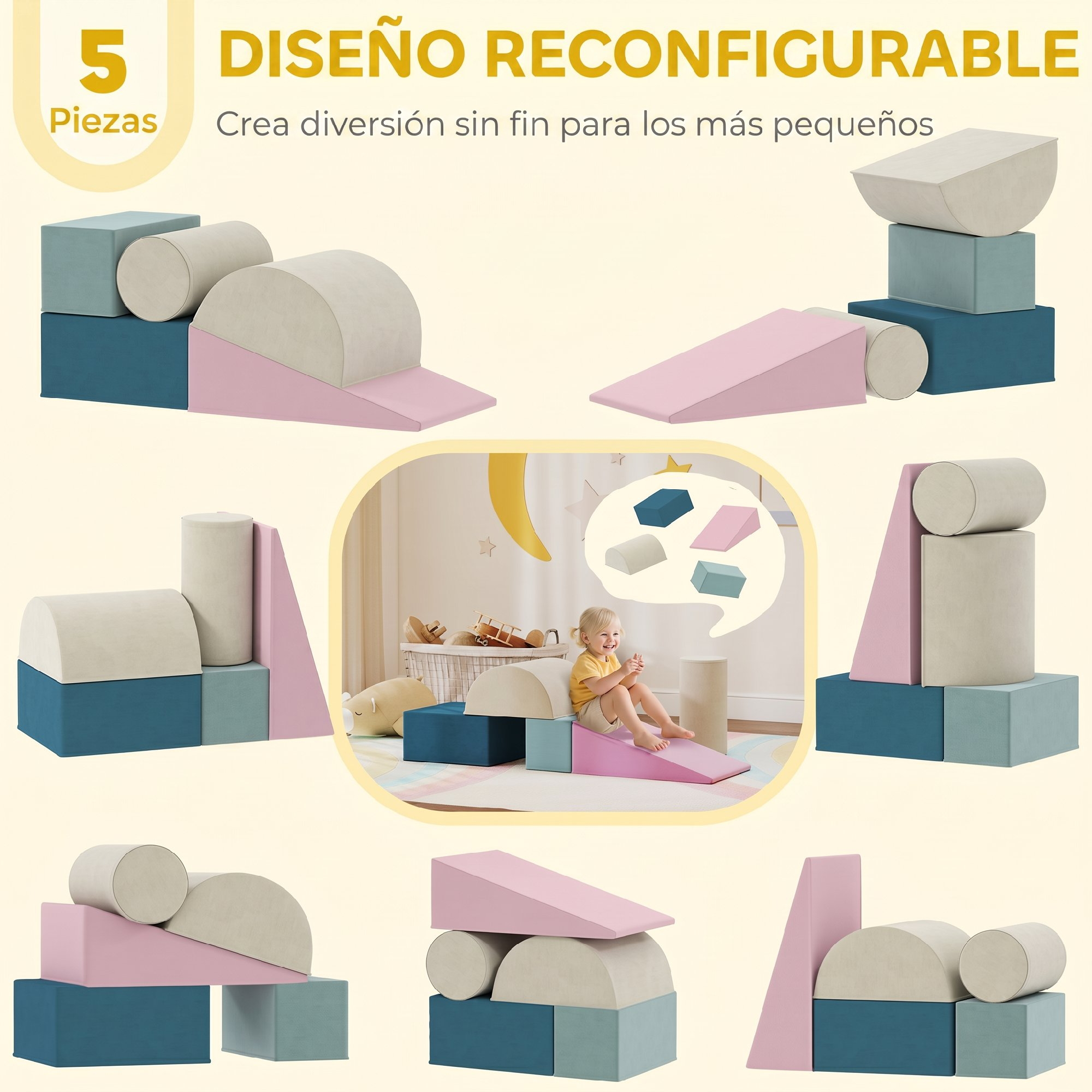 Collage de bloques de espuma suaves en azul, rosa y crema, dispuestos en varias formas con un niño jugando.