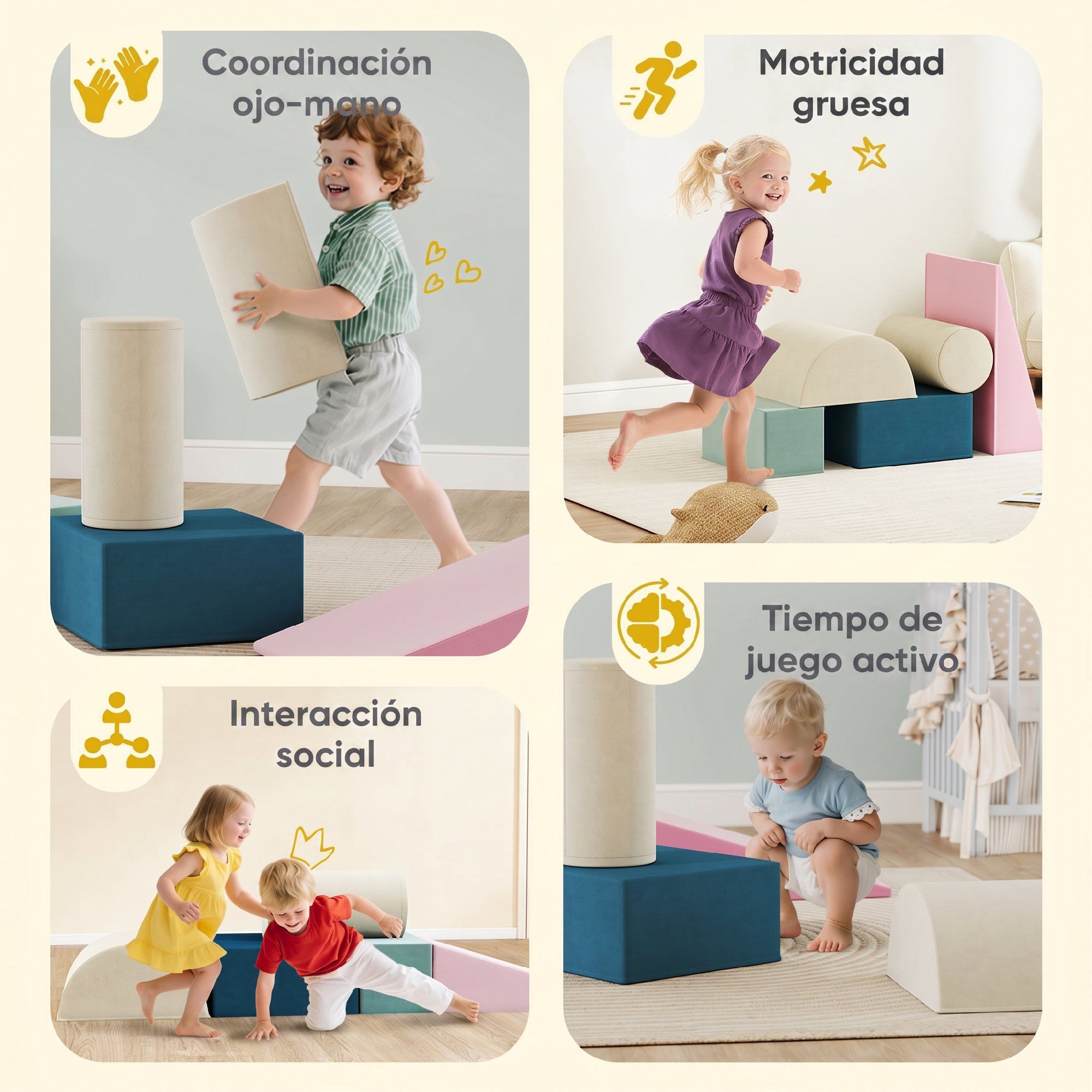 Cuatro paneles muestran a niños jugando con bloques de espuma, ilustrando habilidades motoras y coordinación.