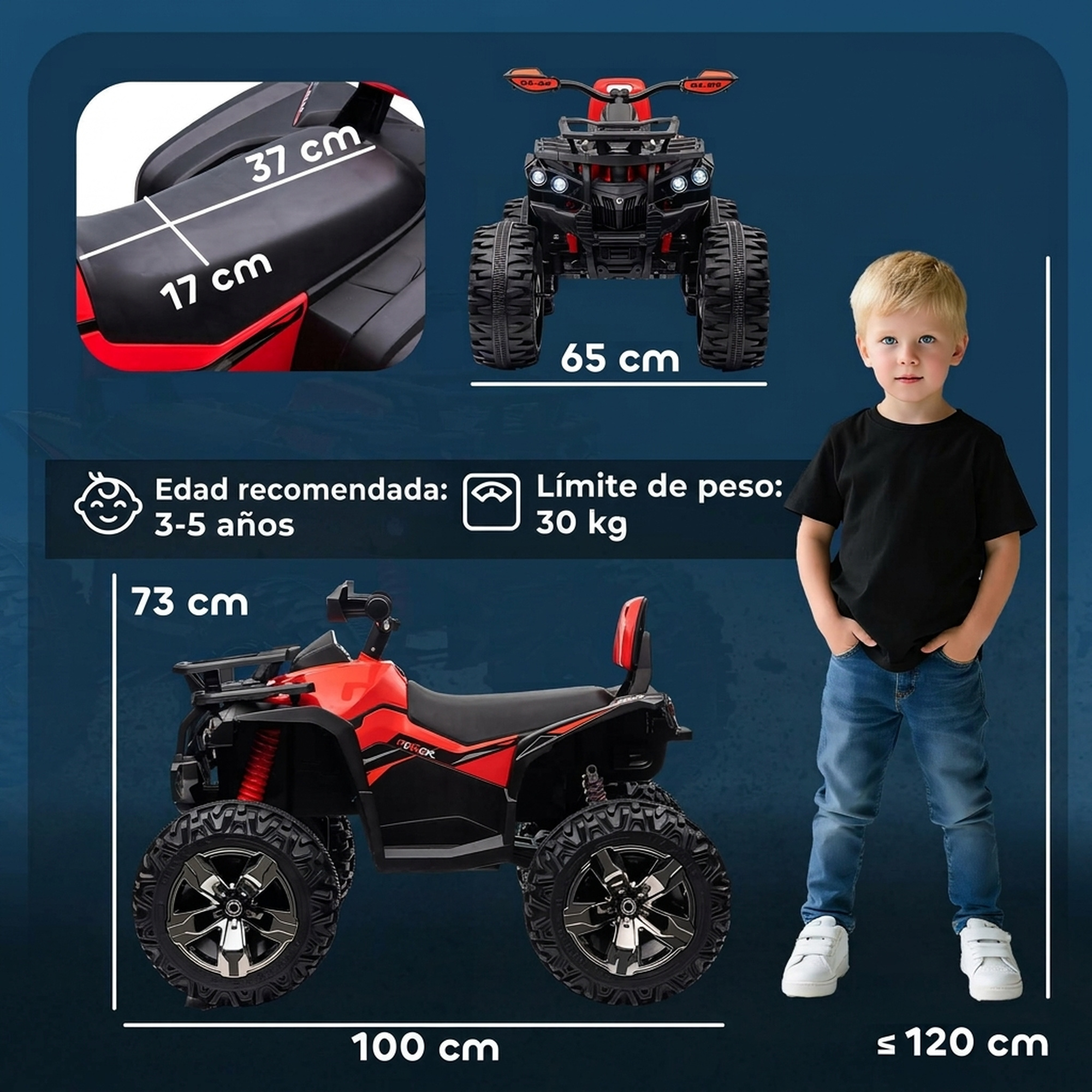 Un cuatrimoto rojo y negro para niños con dimensiones, edad recomendada y un niño de pie.