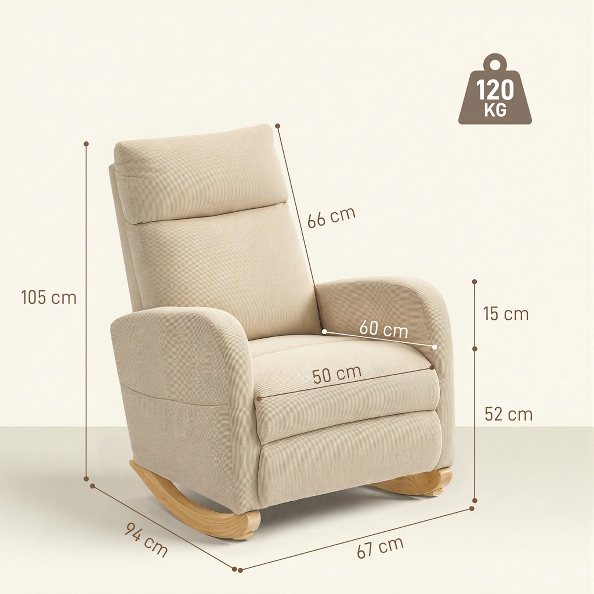Silla mecedora beige con dimensiones y un icono de capacidad de 120 kg.