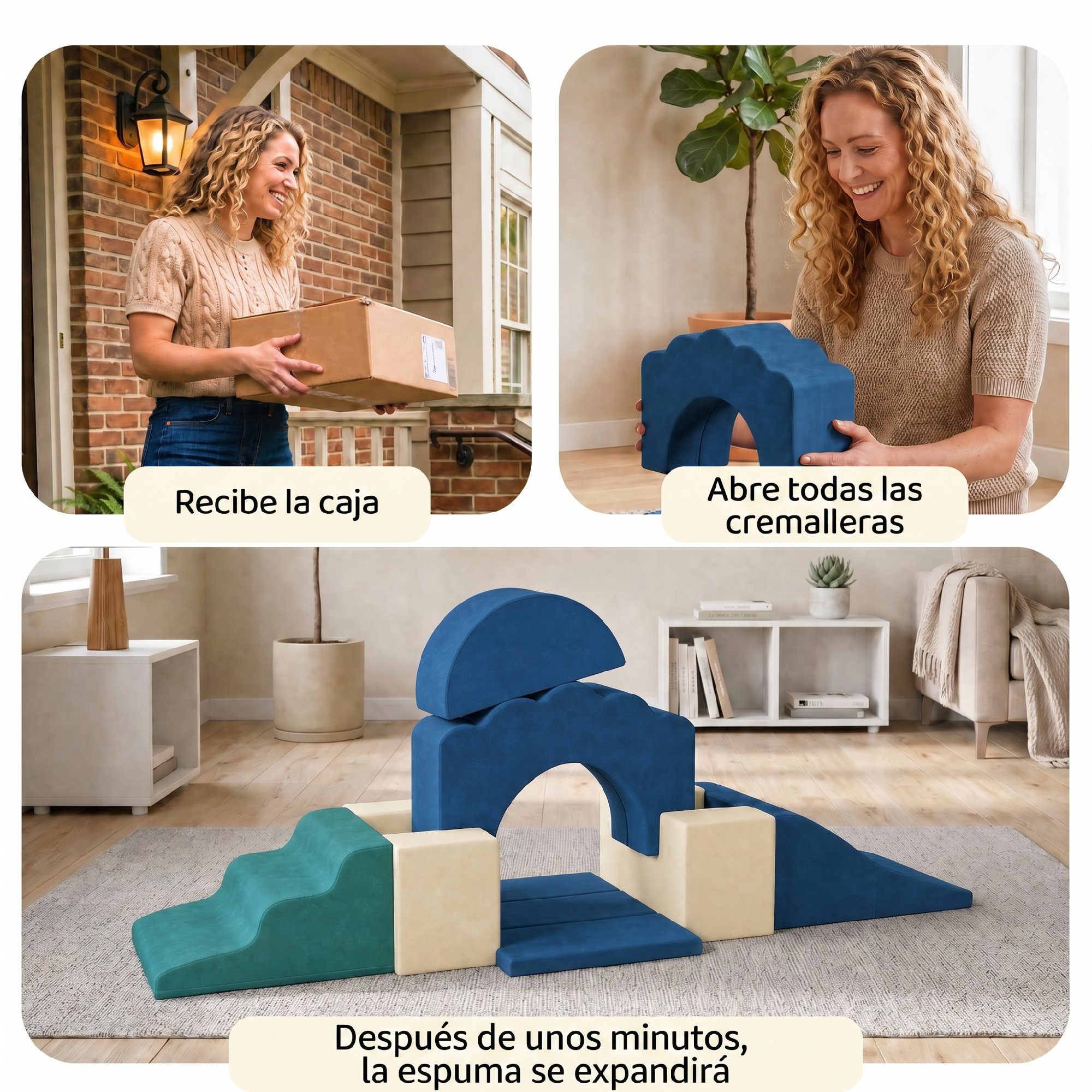 Una mujer recibe una caja, desempaca bloques de espuma azul y juega con muebles modulares.
