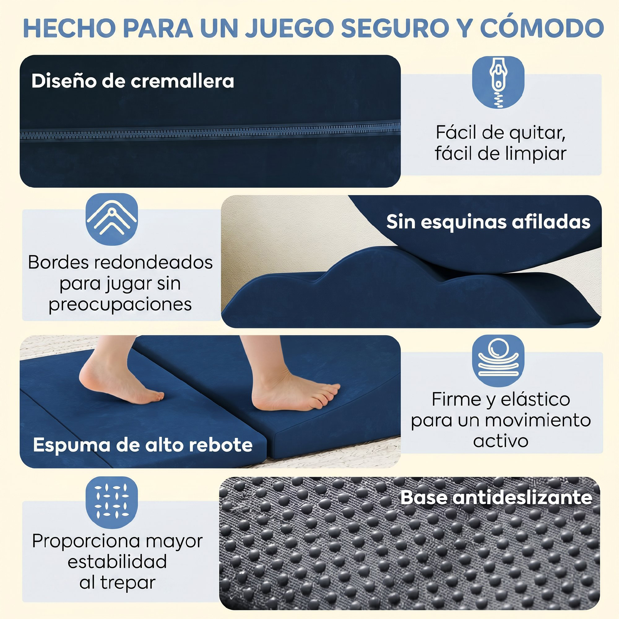 Características de bloques de espuma azul con cremallera, bordes redondeados y base antideslizante.