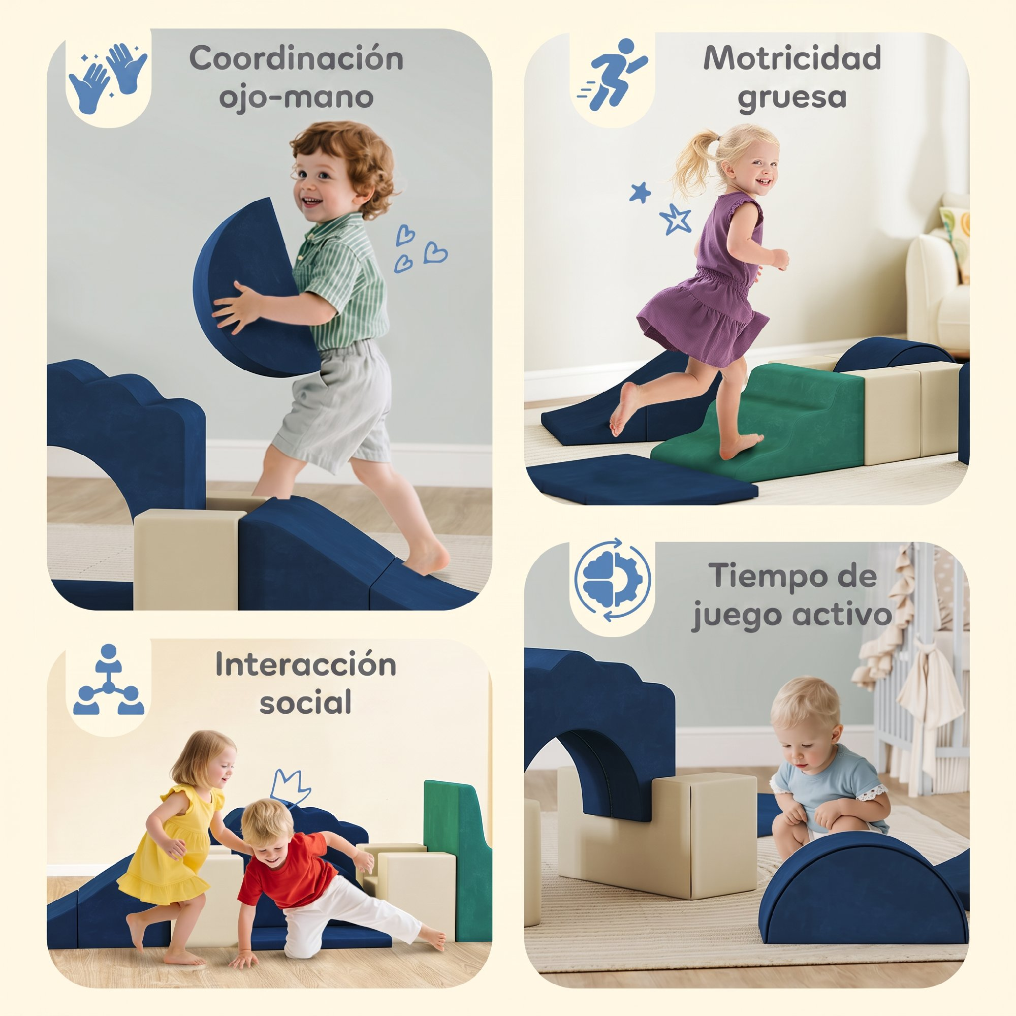 Cuatro paneles muestran a niños pequeños jugando con bloques de espuma, practicando habilidades motoras y sociales.