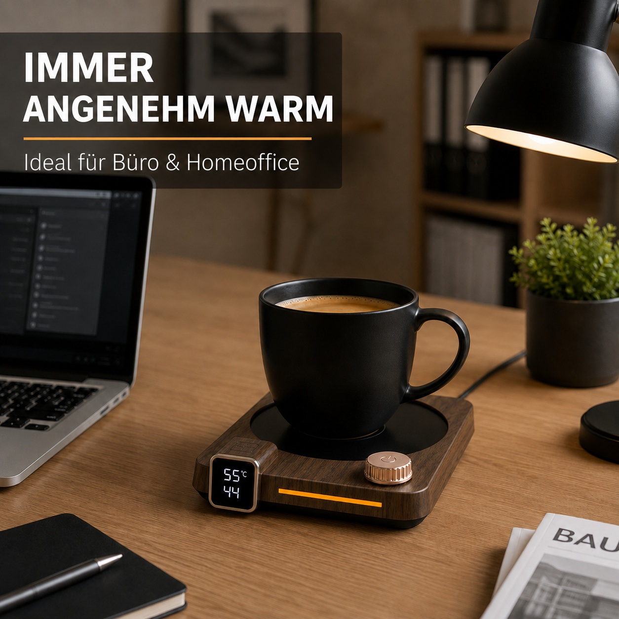 Eine schwarze Kaffeetasse steht auf einem Holzbecherwärmer auf einem Schreibtisch mit Laptop.