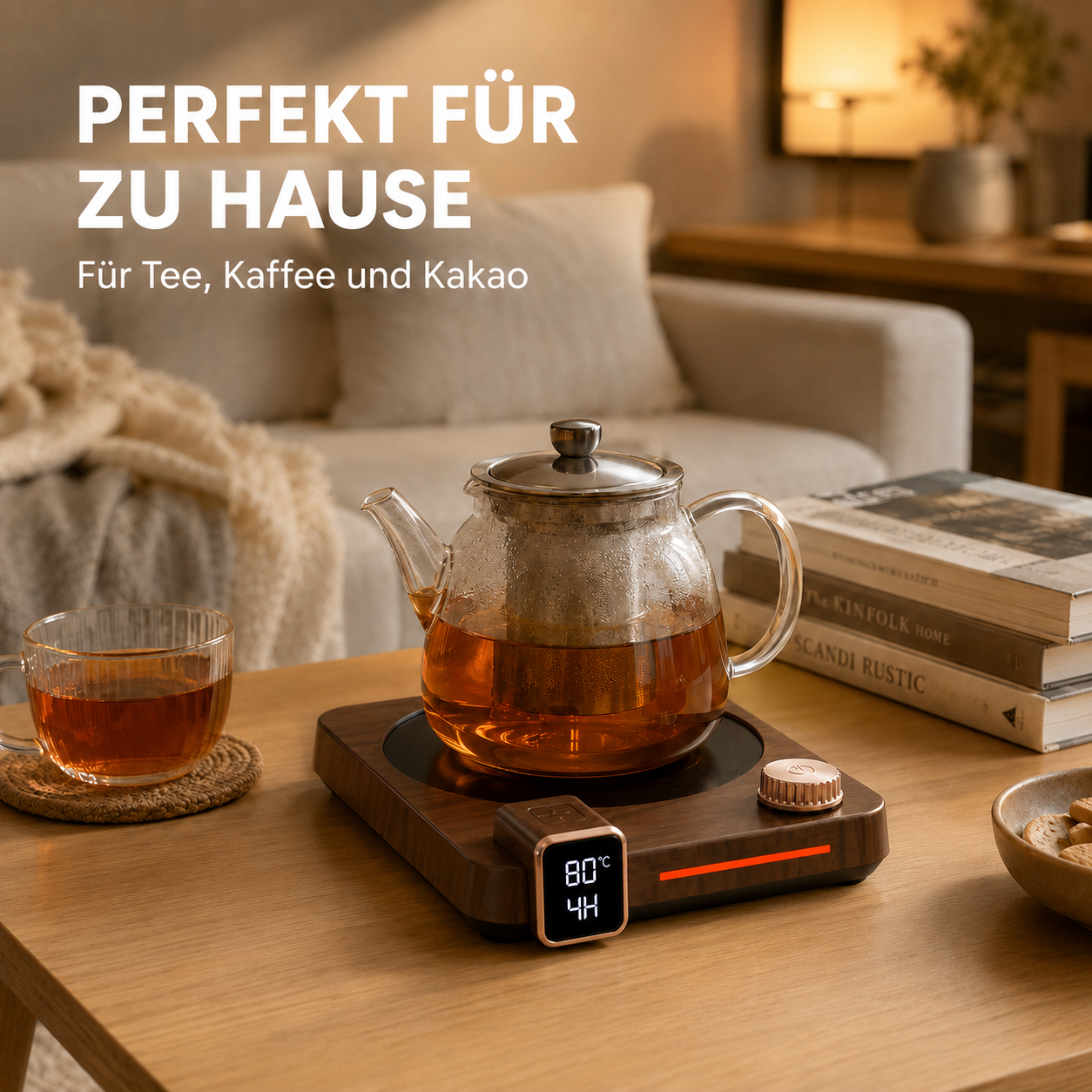 Eine Glas-Teekanne mit Tee auf einer Holz-Wärmeplatte steht auf einem Tisch vor einem Sofa.