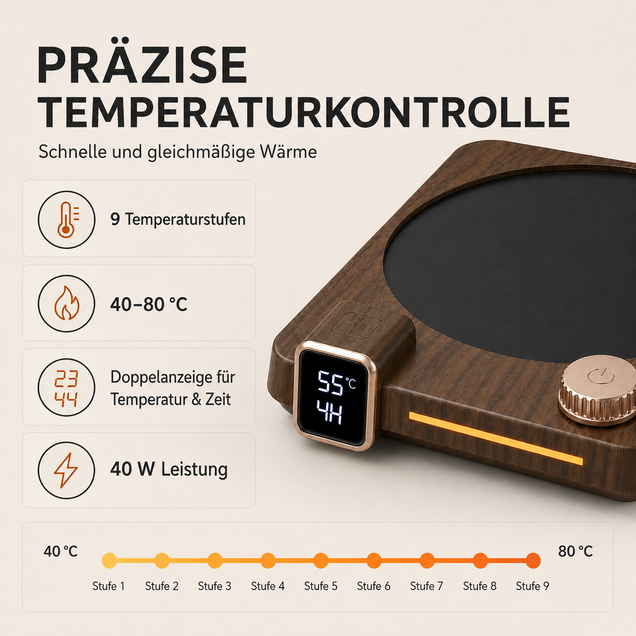 Holzfarbene elektrische Warmhalteplatte mit digitalem Display, Drehregler und Temperaturstufen von 40-80°C.