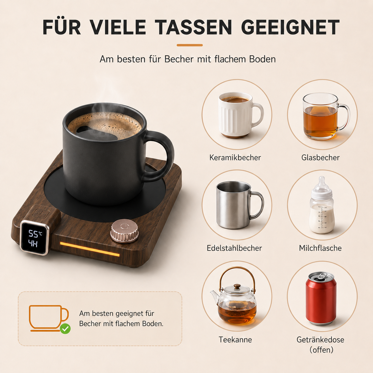 Holzfarbener Becherwärmer mit schwarzer Tasse und sechs Beispielen für geeignete Gefäße wie Keramik- und Glasbecher.