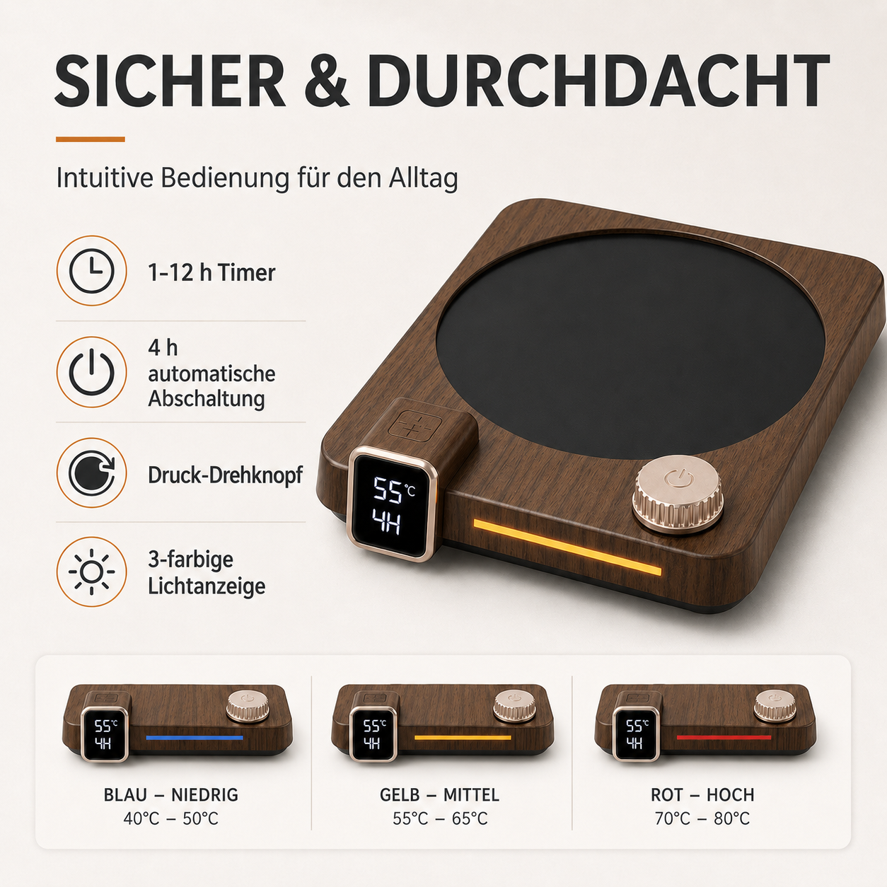 Holzfarbene Warmhalteplatte mit Timer, Digitaldisplay, Drehknopf und dreifarbiger LED-Statusanzeige.