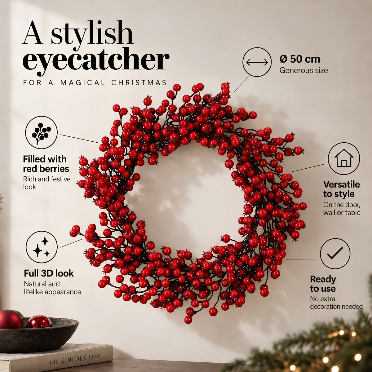 Promotional image for a red berry Christmas wreath with size and feature callouts.